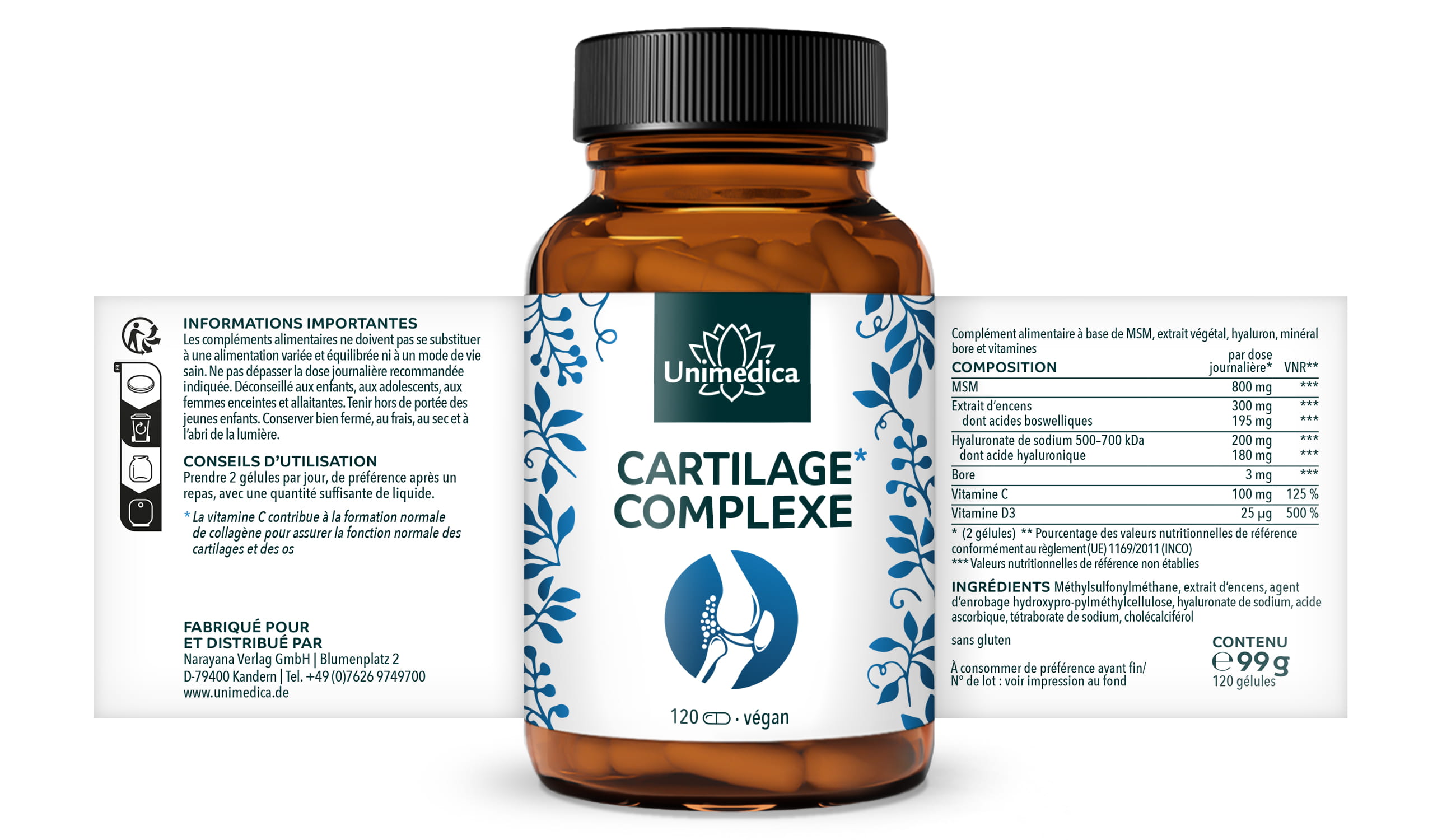 Complexe Cartilage - avec MSM + acide hyaluronique + vitamines + oliban - 120 gélules - par Unimedica