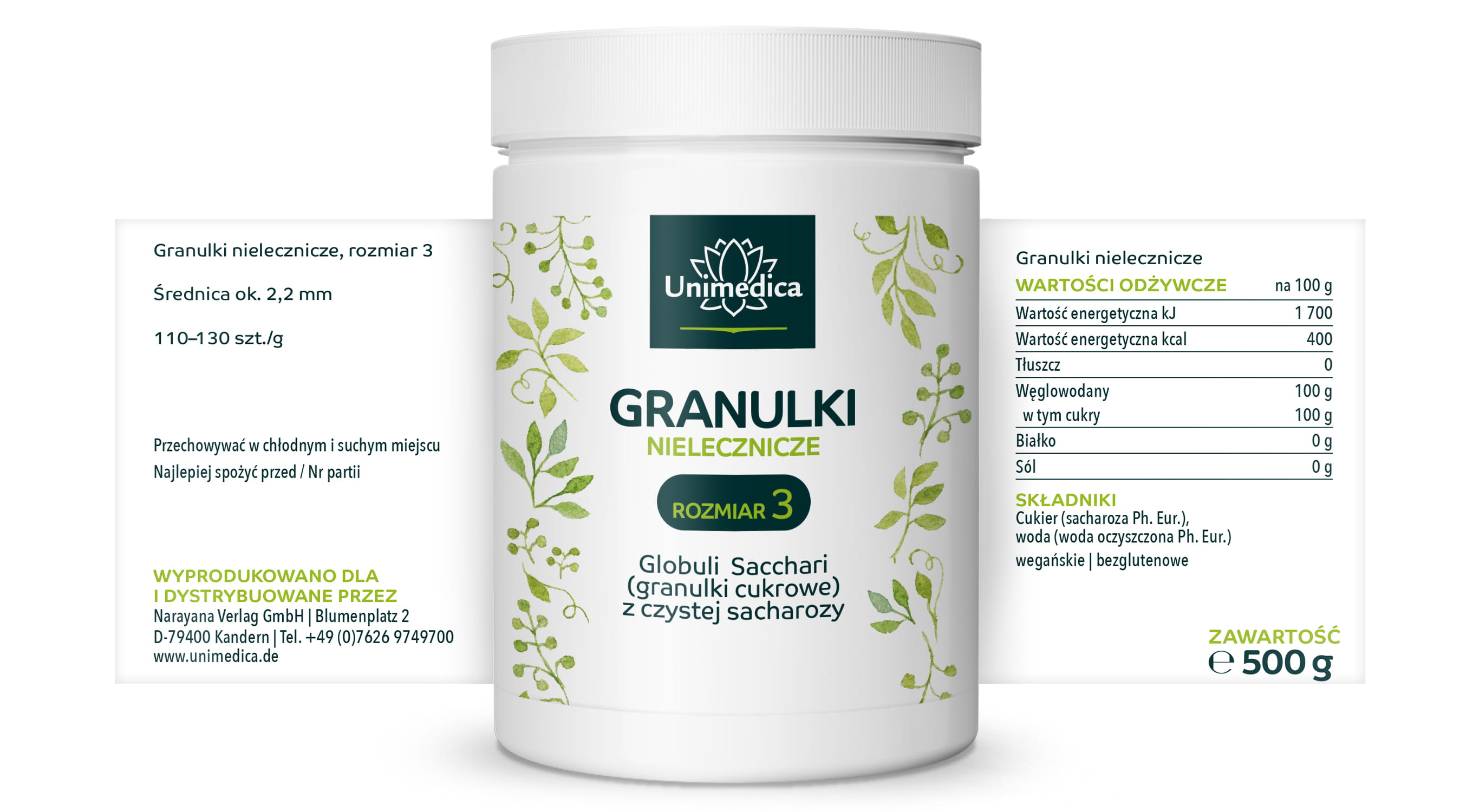 Globuli niemedyczne nr 3 - Globuli sacchari (kuleczki cukrowe) z czystej sacharozy - 500 g - od Unimedica