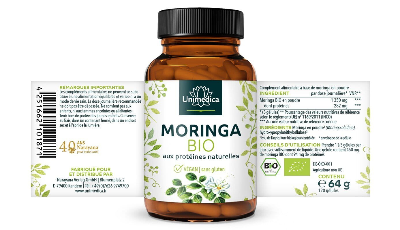 Lot de 2: Moringa BIO - 1350 mg par dose journalière (3 gélules) - 2 x 120 gélules - par Unimedica