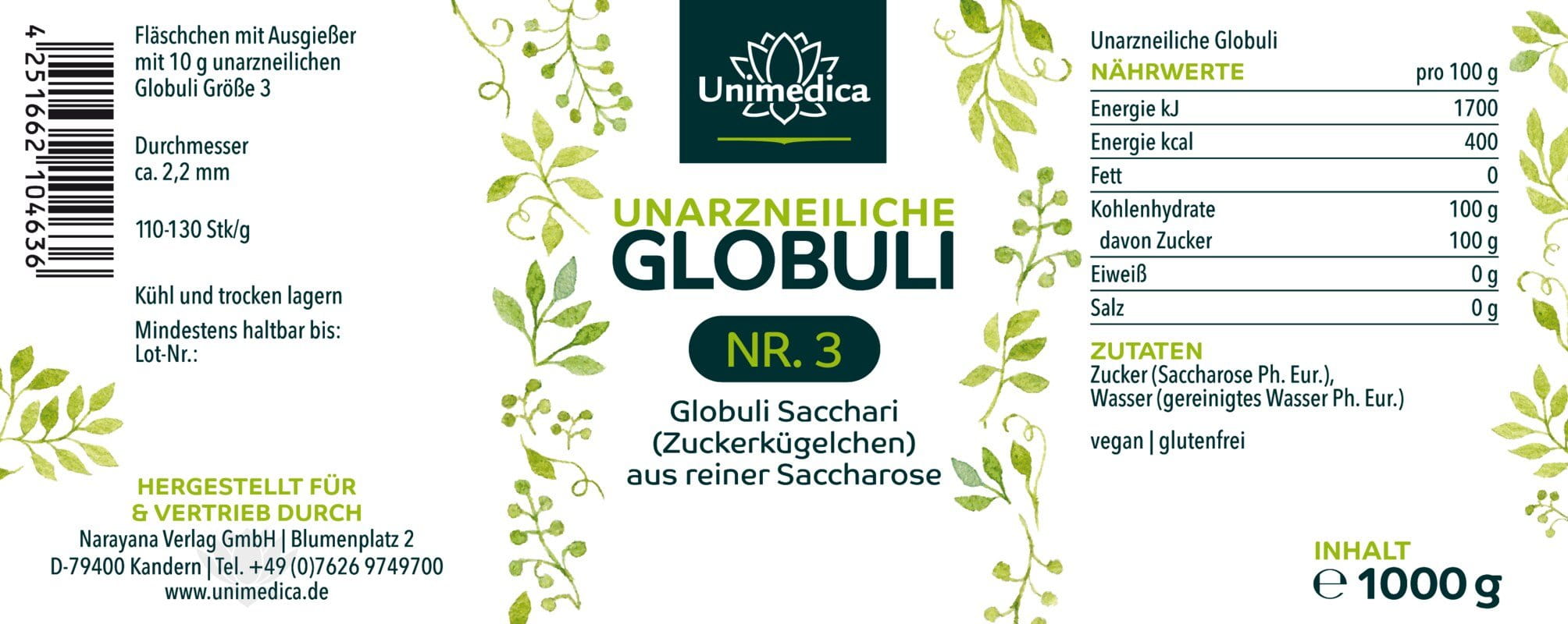 Fläschchen mit Ausgießer - mit 10 g unarzneilichen Globuli der Größe 3 - 100 Stück - von Unimedica