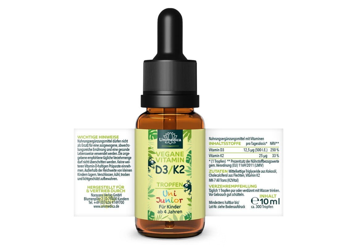Uni Junior - Vitamin D3 / K2 Tropfen für Kinder mit veganem D3 - 500 I.E. Vitamin D3 und 25 µg Vitamin K2 pro Tagesdosis (1 Tropfen) - 10 ml - von Unimedica