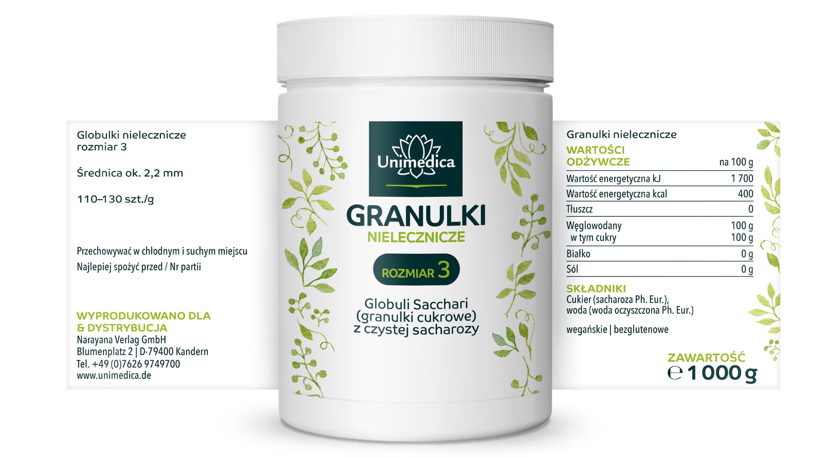 Nielecznicze globuli nr 3 - Globuli Sacchari (kulki cukrowe) z czystej sacharozy - 1000 g - od Unimedica