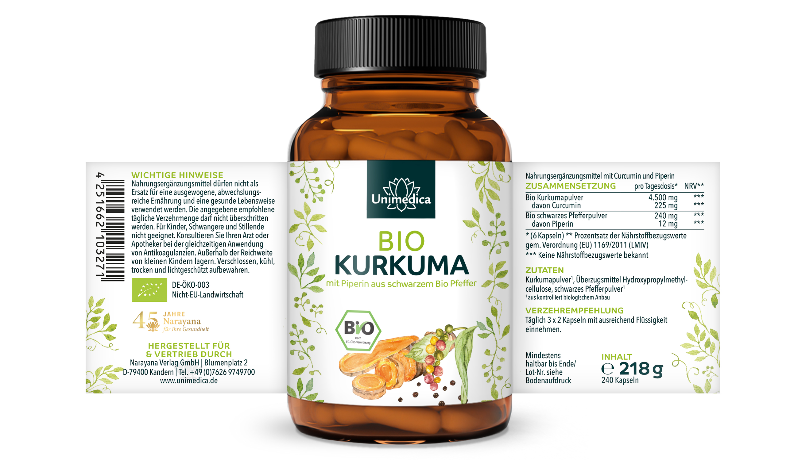 Bio Kurkuma mit schwarzem Bio Pfeffer - mit 225 mg Curcumin und 12 mg Piperin pro Tagesdosis (6 Kapseln) - 240 Kapseln - Unimedica