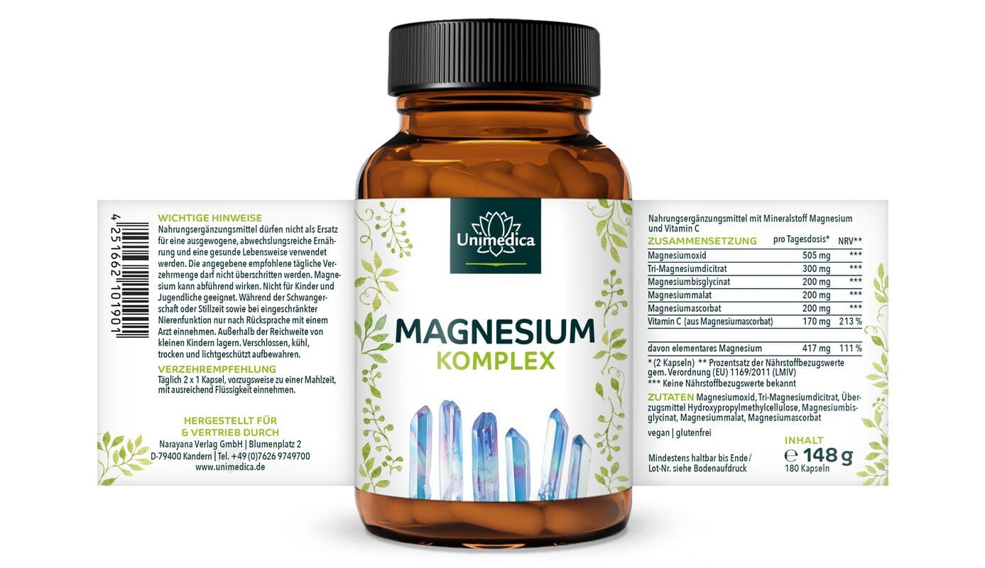 Magnesium Komplex - 417 mg elementares Magnesium pro Tagesdosis (2 Kapseln) - 180 Kapseln - von Unimedica