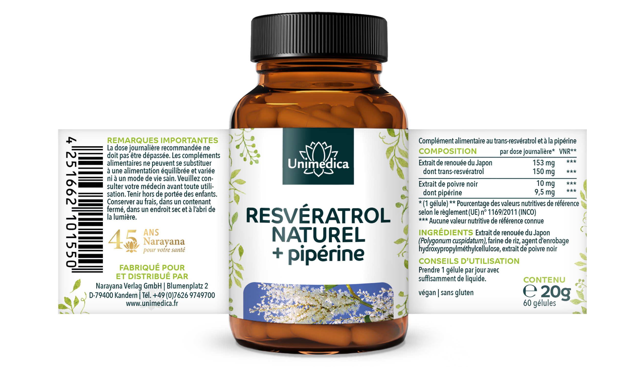 Resvératrol + Pipérine - 150 mg - avec 98 % de trans-resvératrol issu de renouée de Japon - 60 gélules - par Unimedica