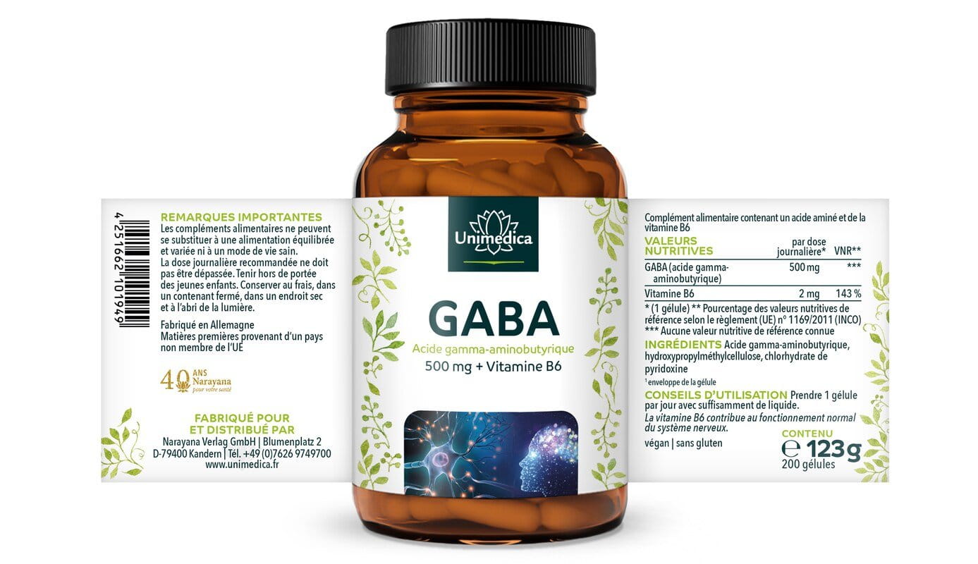 GABA - 500 mg par dose quotidienne (1 gélule) - 200 gélules - Unimedica