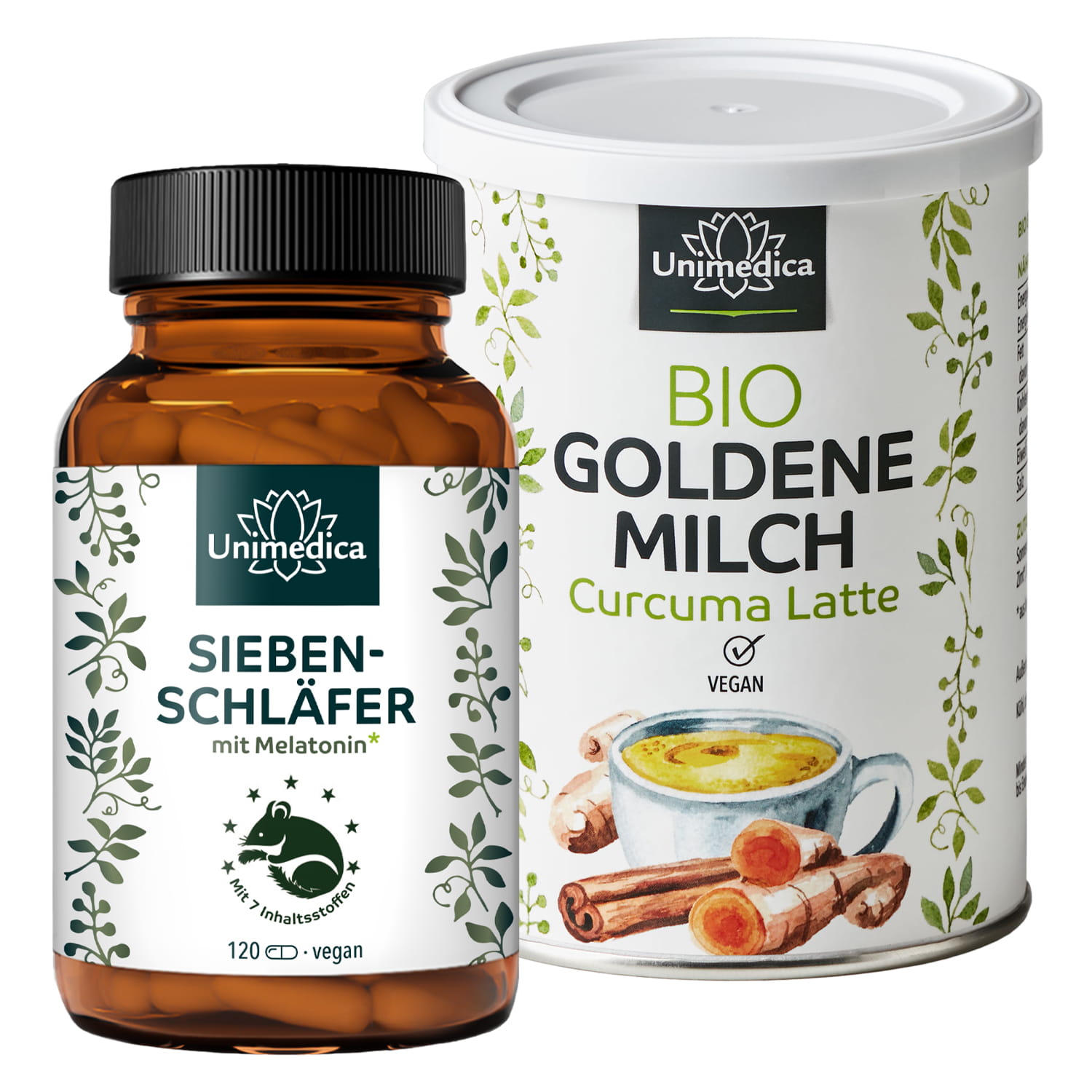 Set: Siebenschläfer + Bio Goldene Milch - 120 Kapseln + 250 g - von Unimedica