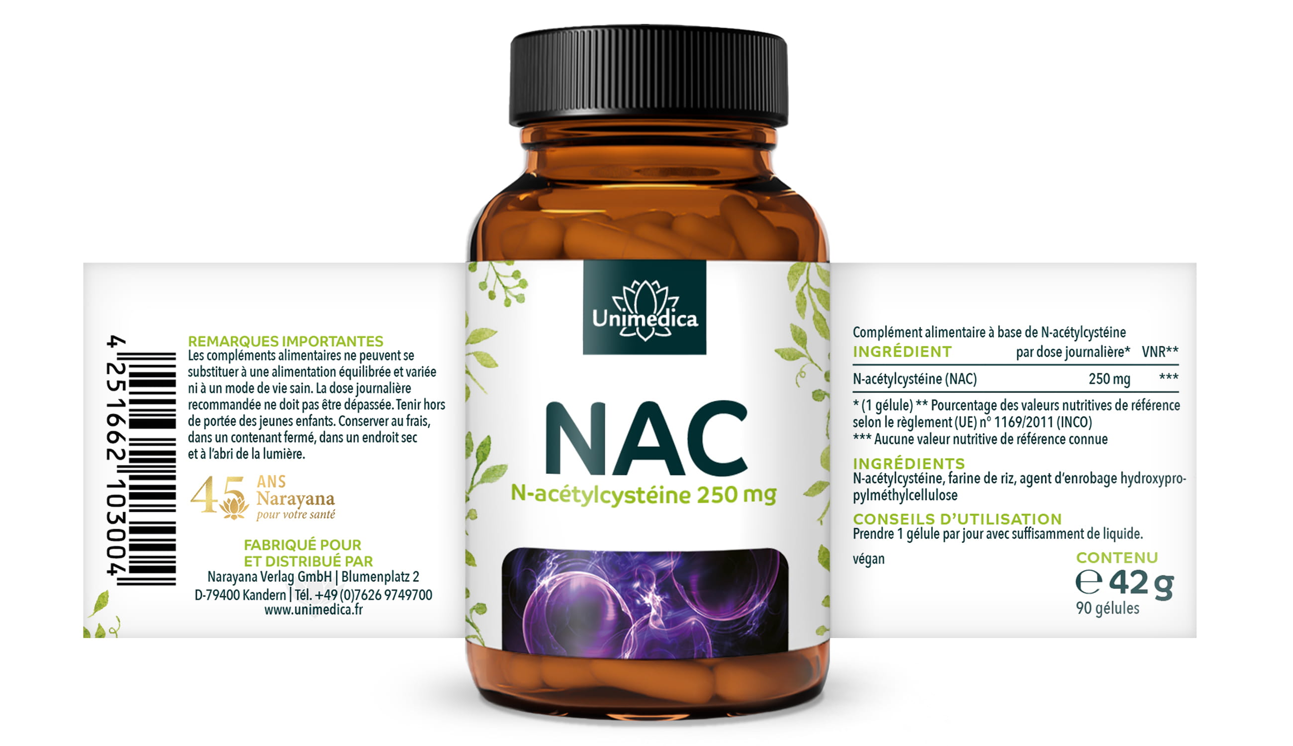 Lot de 2: NAC - 250 mg - N-Acétyl-Cystéine de Fermentation Naturelle - 2 x 90 gélules - par Unimedica