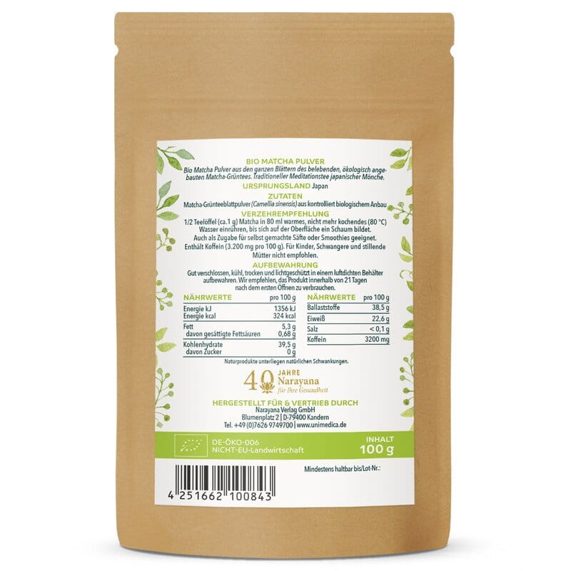 Bio Matcha Pulver - japanischer Grüntee für Latte, Shakes & zum Backen - 100 g - von Unimedica