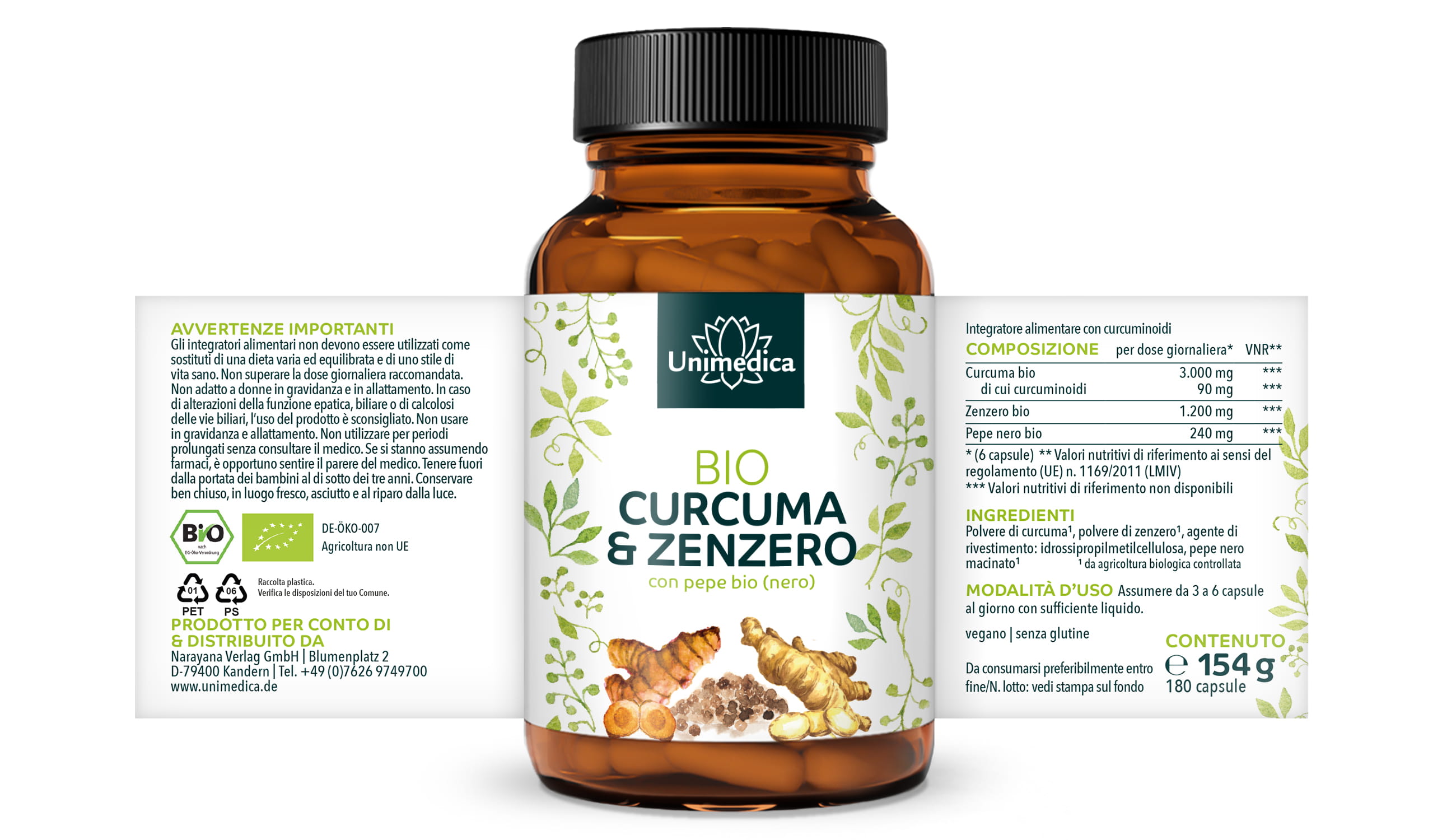 Curcuma biologica & zenzero con pepe nero biologico (nero) - 180 capsule - di Unimedica