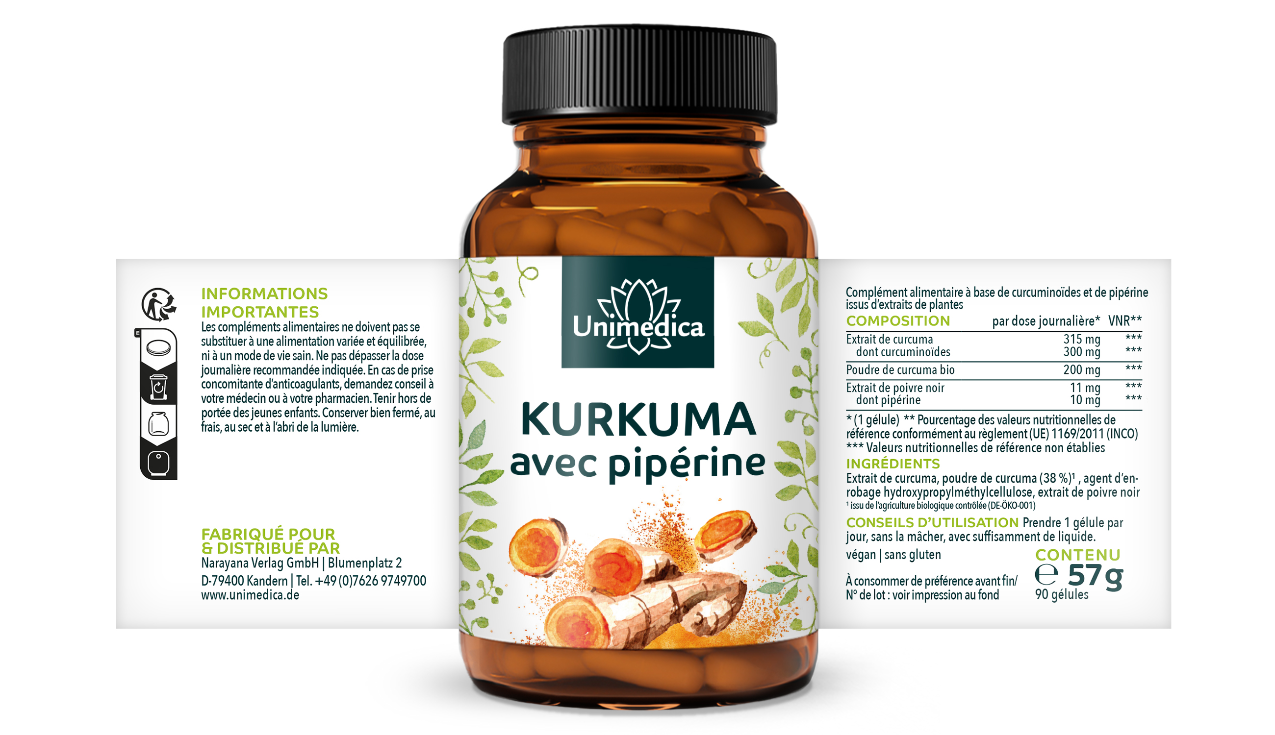 Curcuma à la pipérine - 300 mg de curcuminoïdes et 10 mg de pipérine par dose journalière (1 gélule) - 90 gélules - par Unimedica