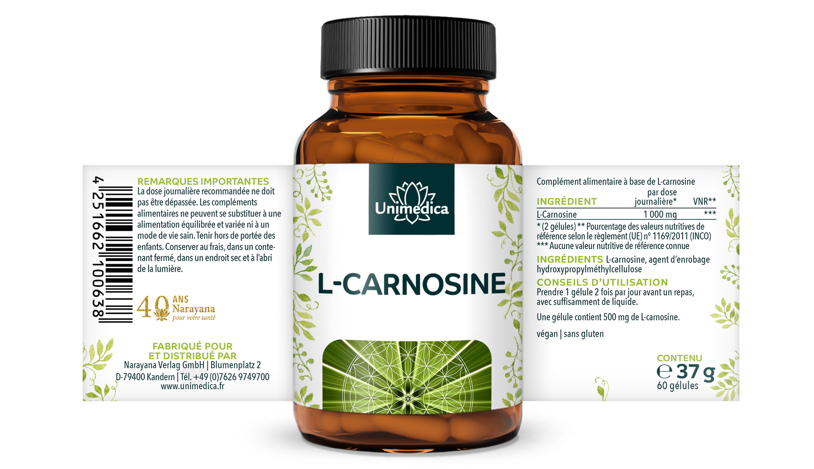 L-carnosine  1 000 mg par dose journalière (2 gélules)  hautement dosée - 60 gélules - par Unimedica