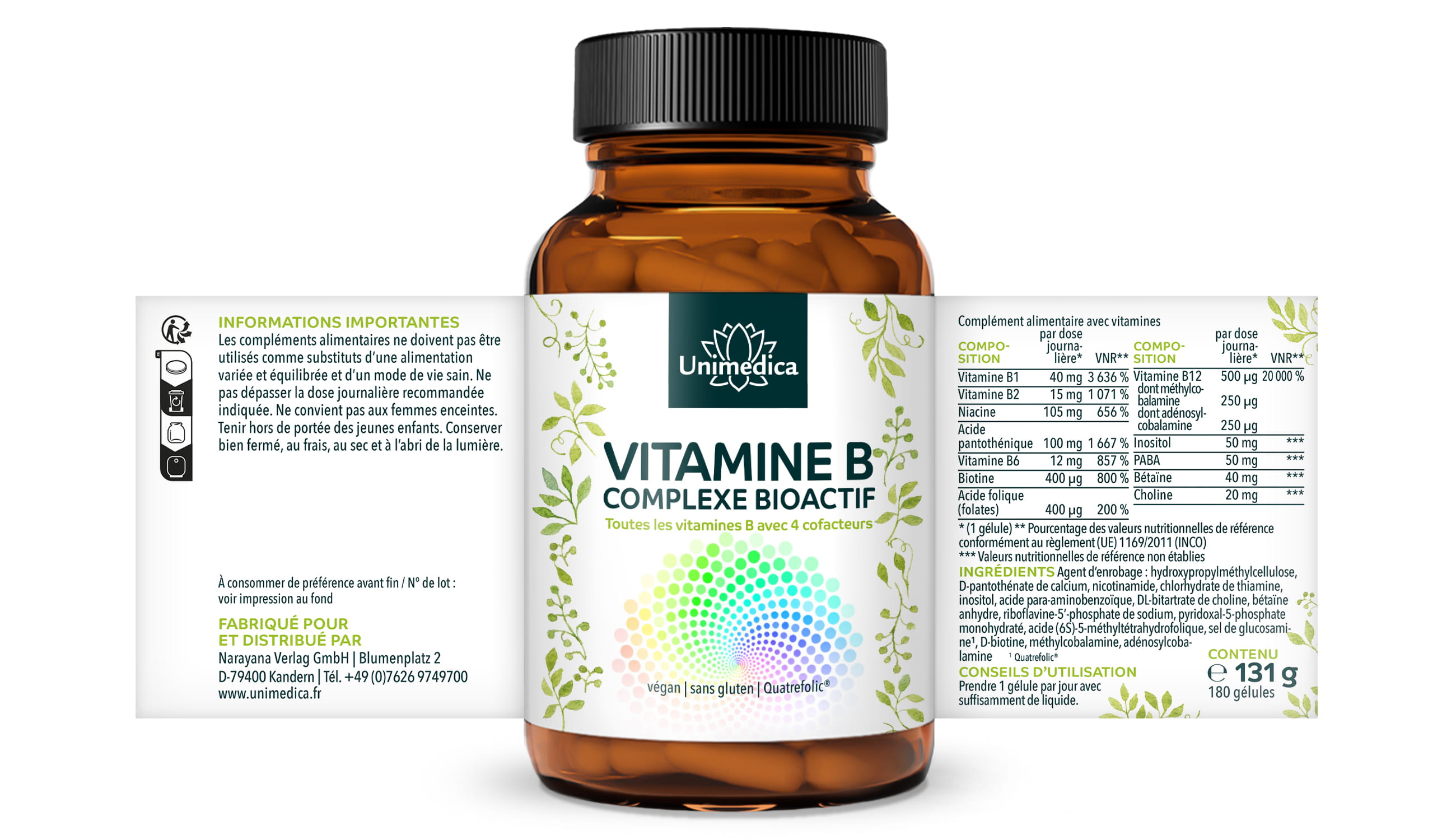 Complexe vitamine B  bioactif  avec 4 cofacteurs  hautement dosé  180 gélules  par Unimedica