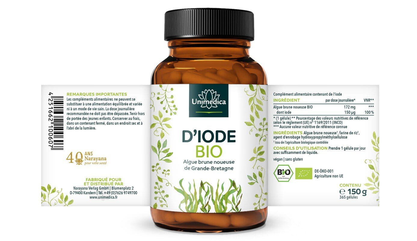 Gélules d'iode BIO - 150 µg d'iode naturel issu d'algues brunes nodulées - 365 gélules - par Unimedica