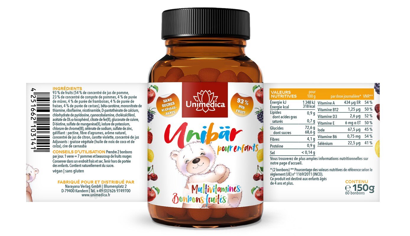 Unibär pour enfants - multivitamines  bonbons fruités - 60 bonbons - par Unimedica