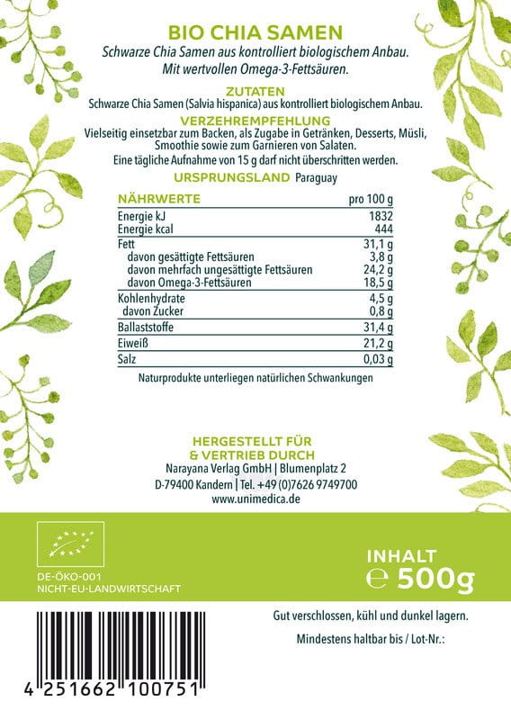 Graines de chia bio - naturelles - 500 g - par Unimedica