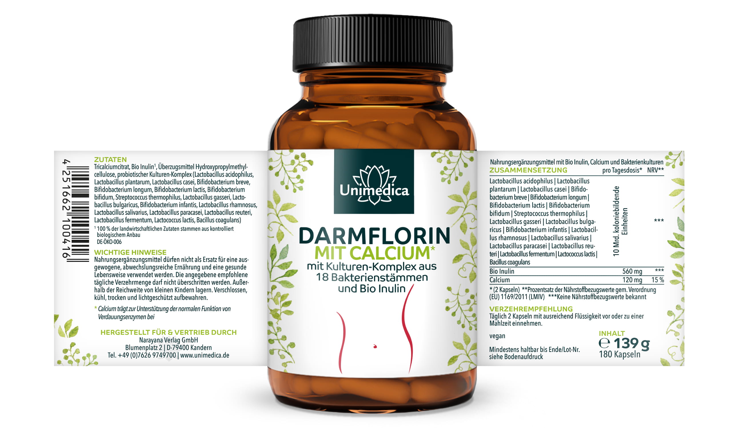 Darmflorin mit Calcium* - mit Kulturen-Komplex aus 18 Bakterienstämmen und Bio-Inulin - 180 Kapseln - von Unimedica