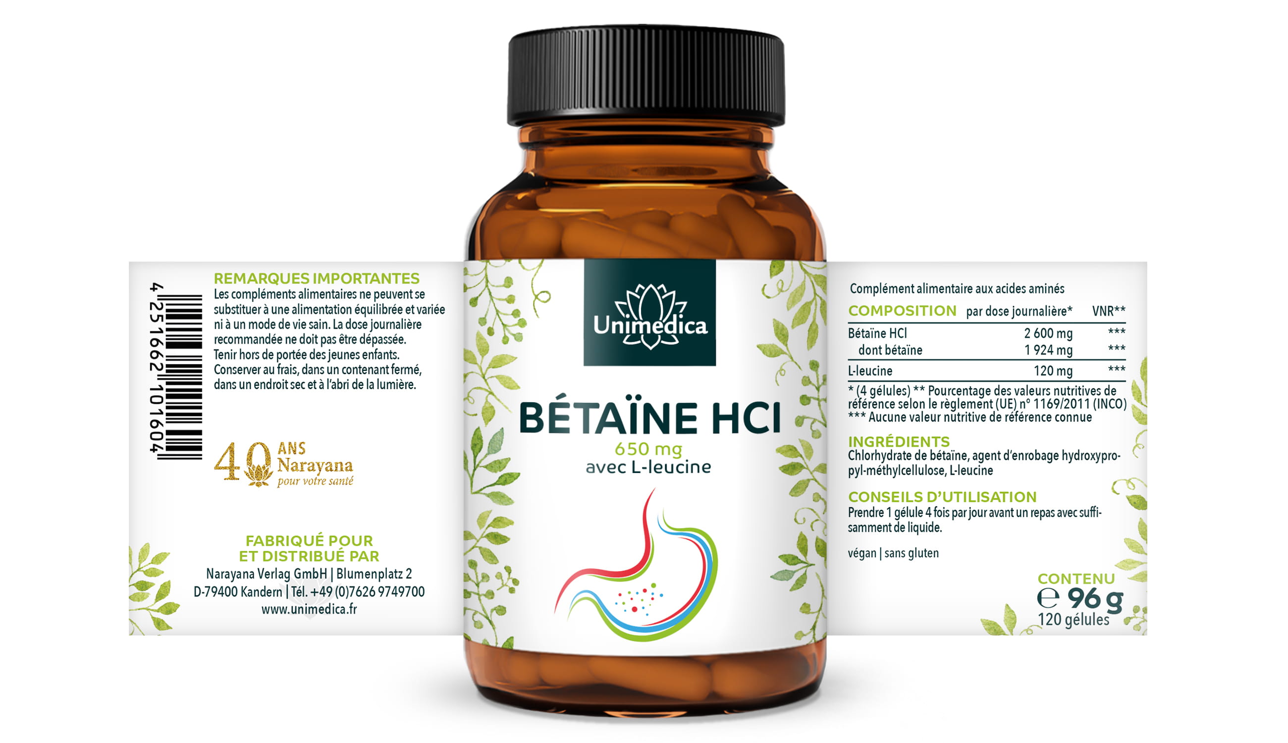 Bétaïne HCl avec L-Leucine - 2.600 mg par dose journalière (4 gélules) - 120 gélules - de Unimedica