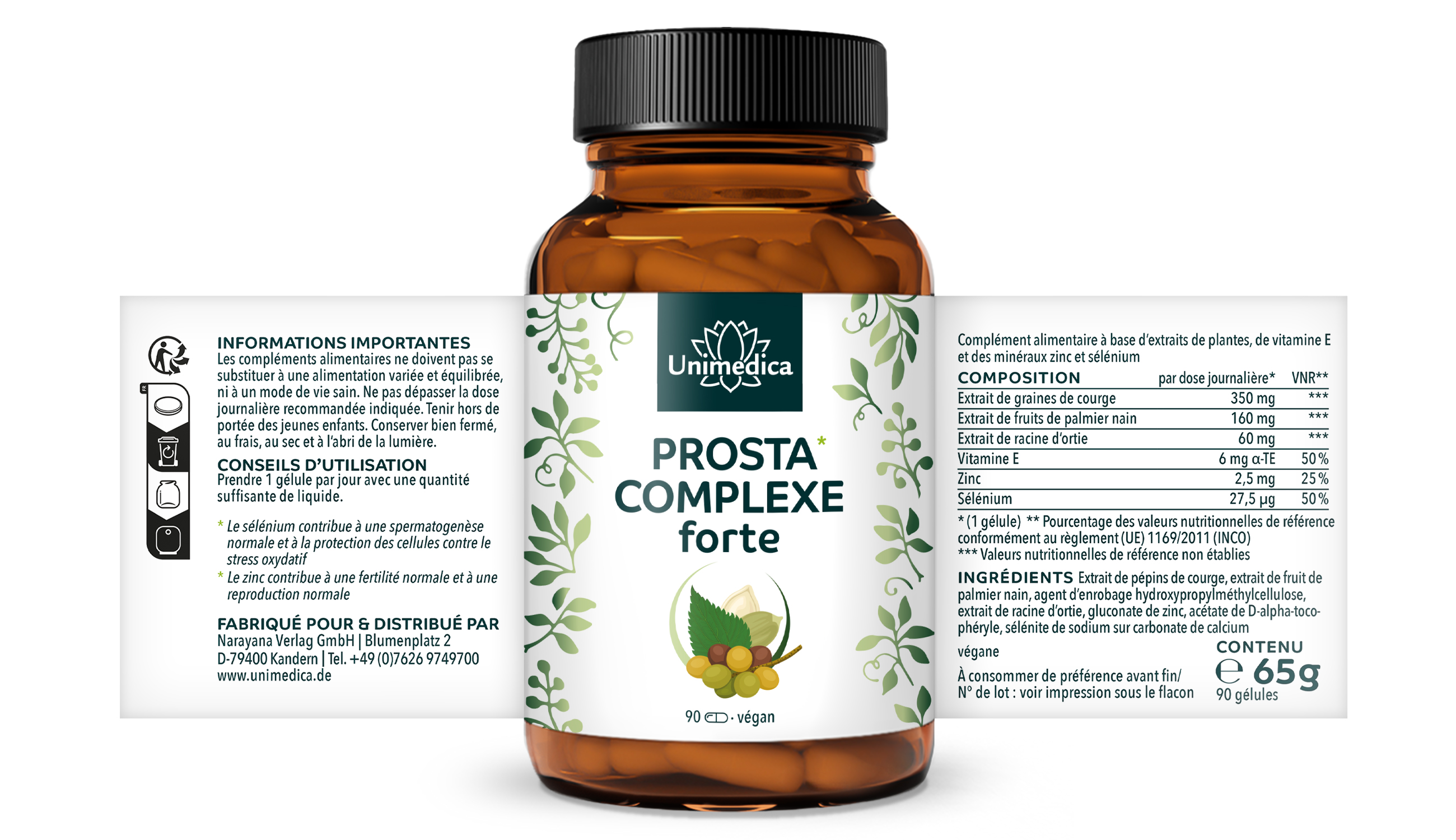 Complexe Prosta* forte  à l'extrait de graines de courge, à l'extrait de palmier nain et à la racine d'ortie - 90 gélules - par Unimedica