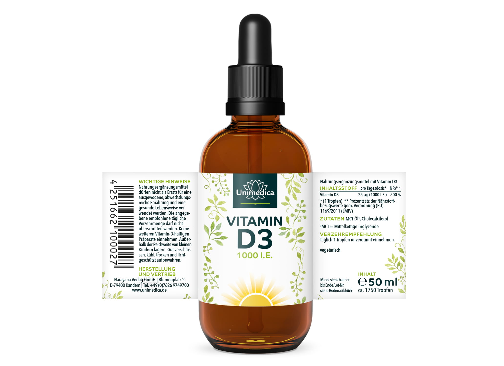 Vitamin D3 Tropfen - 1000 I.E. / 25 µg pro Tagesdosis  - 50 ml - von Unimedica