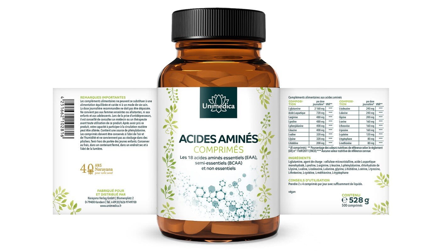 Comprimés d'acides aminés - 500 comprimés à 1 000 mg - tous les 18 acides aminés essentiels (EAA), semi-essentiels (BCAA) et non essentiels - d'Unimedica