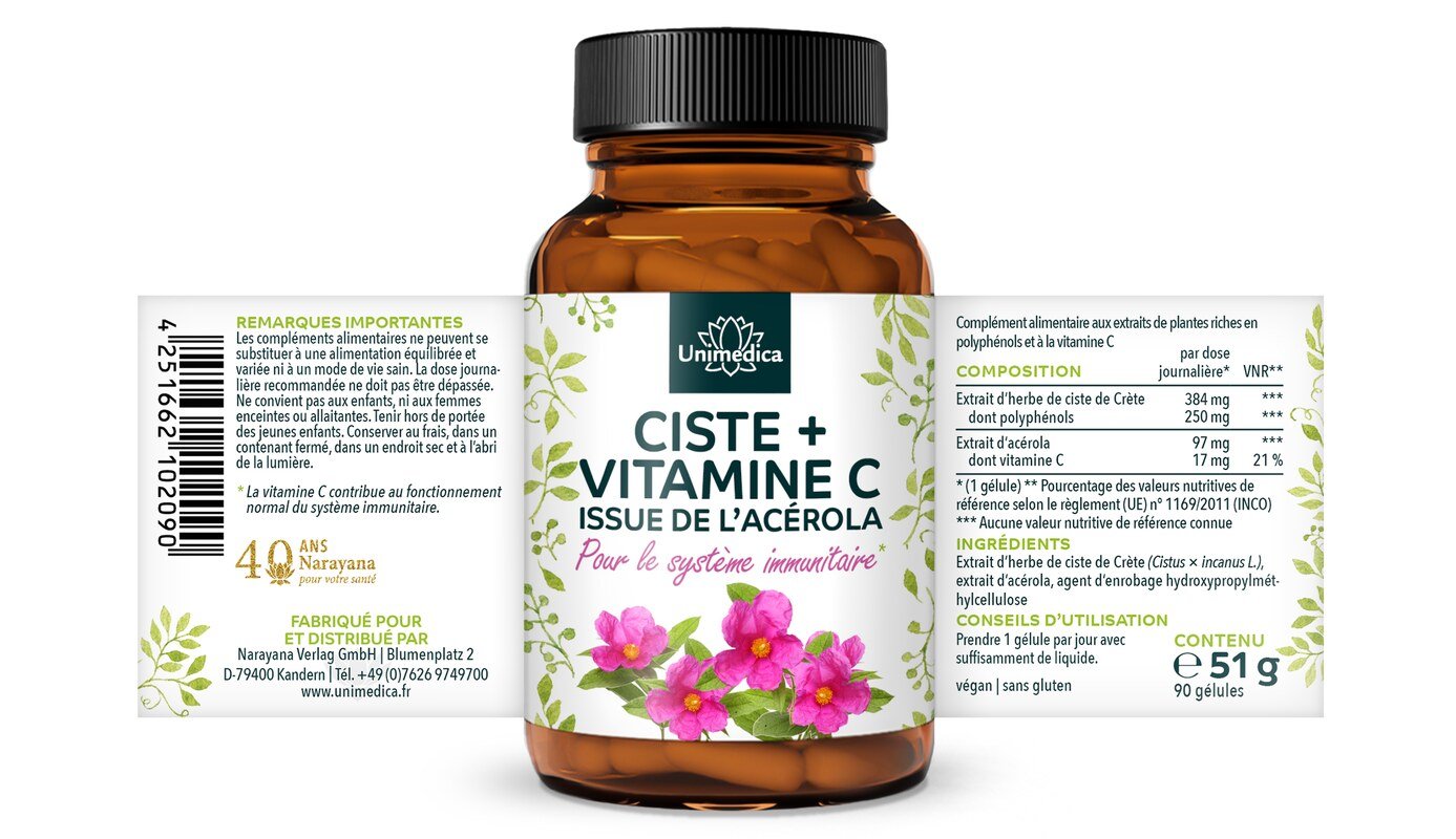 Lot de 2: Herbe de ciste avec vitamine C de l'acérola - avec 384 mg d'extrait de ciste par gélule - 2 x 90 gélules  par Unimedica
