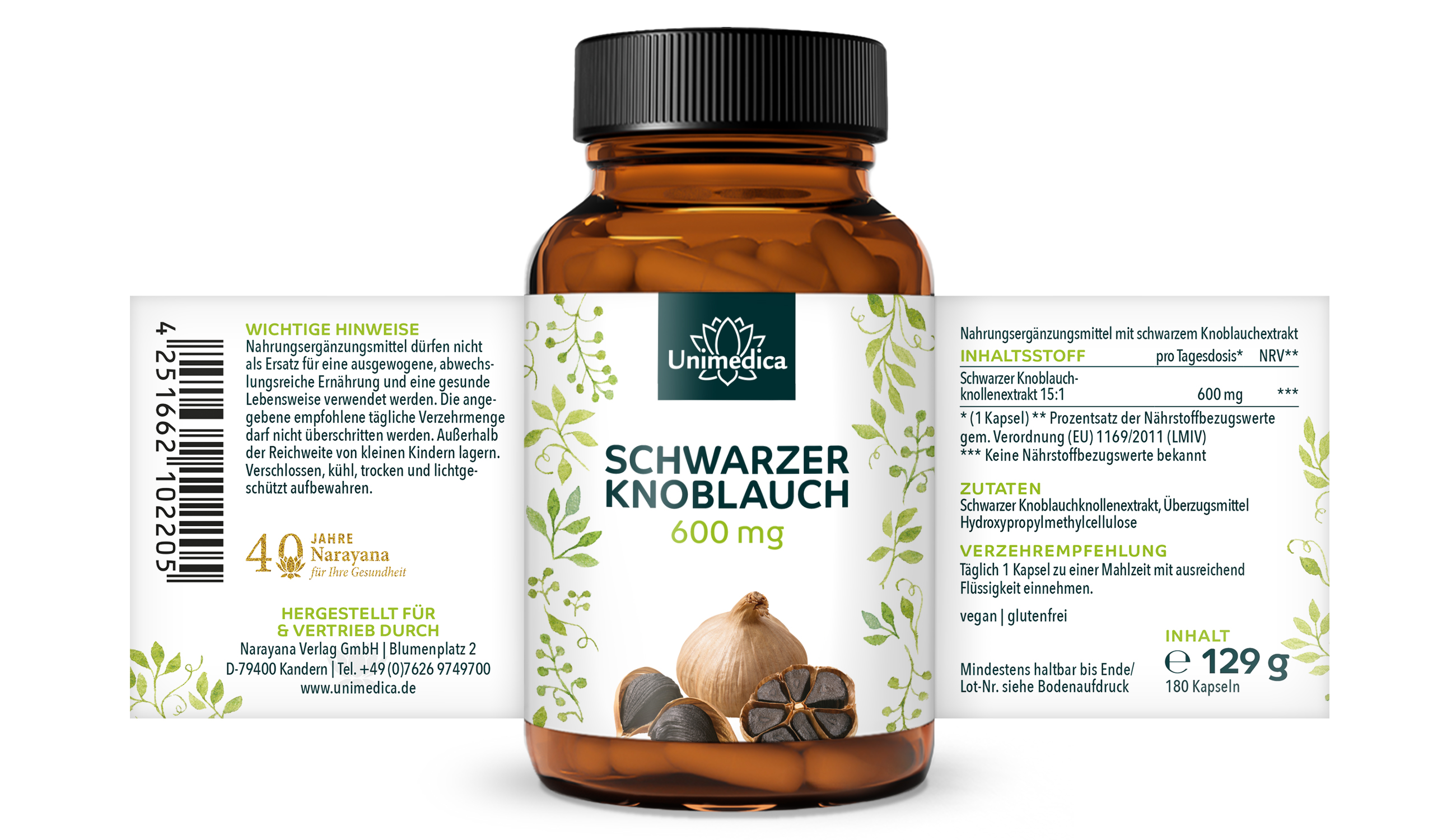 Schwarzer Knoblauch - 600 mg pro Tagesdosis (1 Kapsel) - fermentiert und geruchlos - 180 Kapseln - von Unimedica