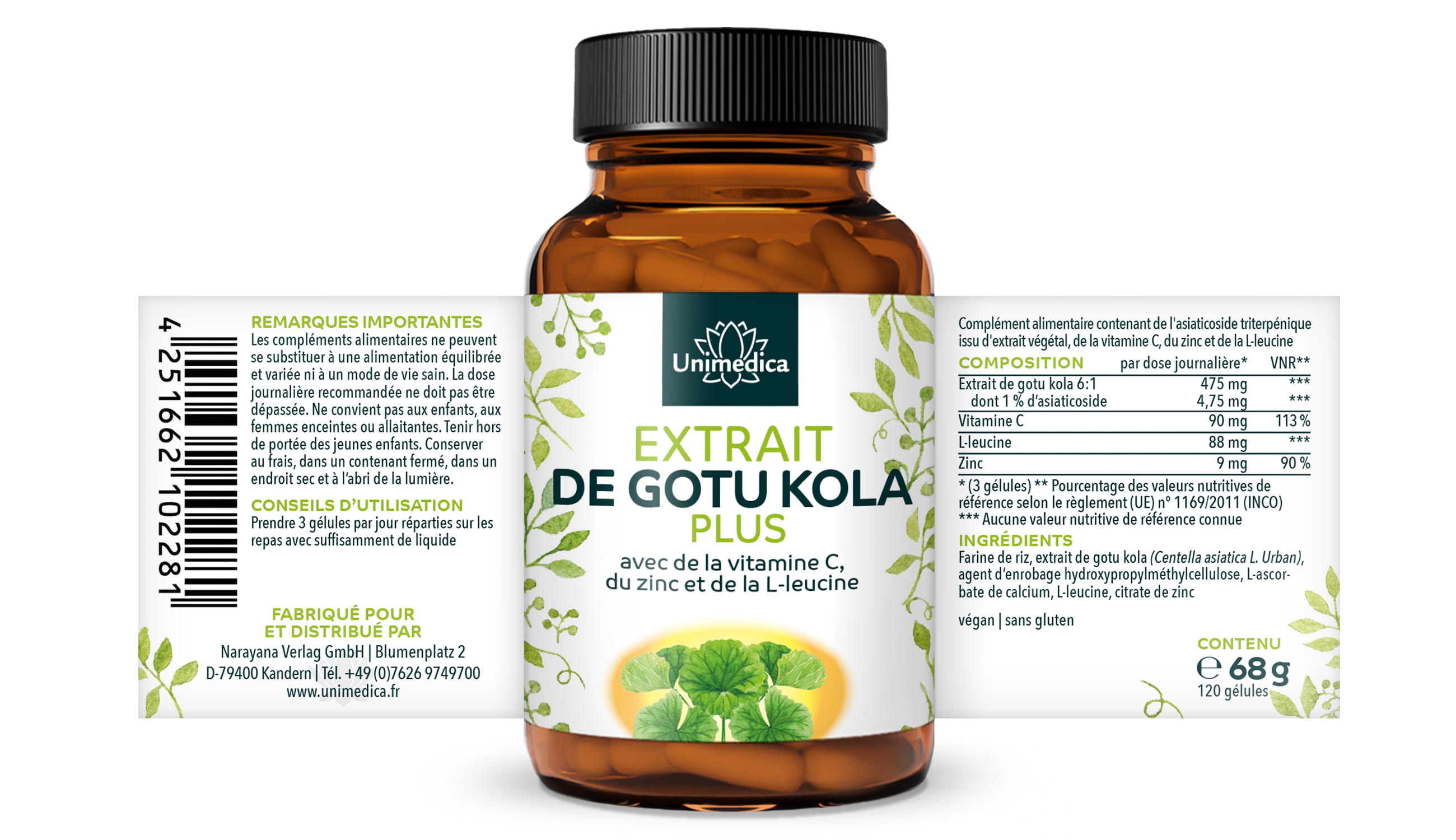 Lot de 2: Extrait de gotu kola 6:1 Plus  avec de la vitamine C, du zinc et de la L-leucine - 2 x 120 gélules - par Unimedica