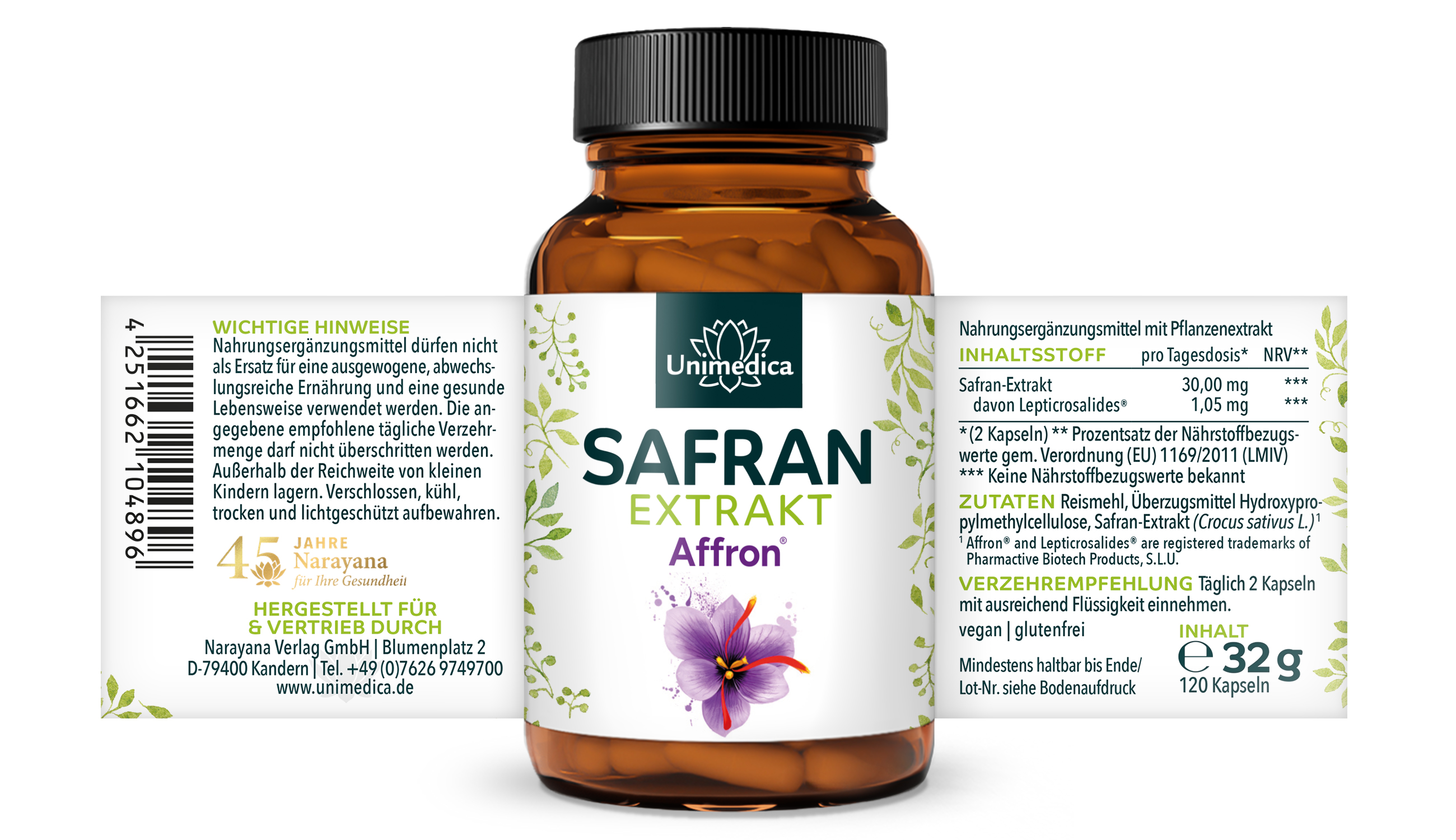 Safran Kapseln - mit 30 mg Affron® Safran-Extrakt pro Tagesdosis (2 Kapseln) - 3,5 % Lepticrosalide - 120 Kapseln - von Unimedica
