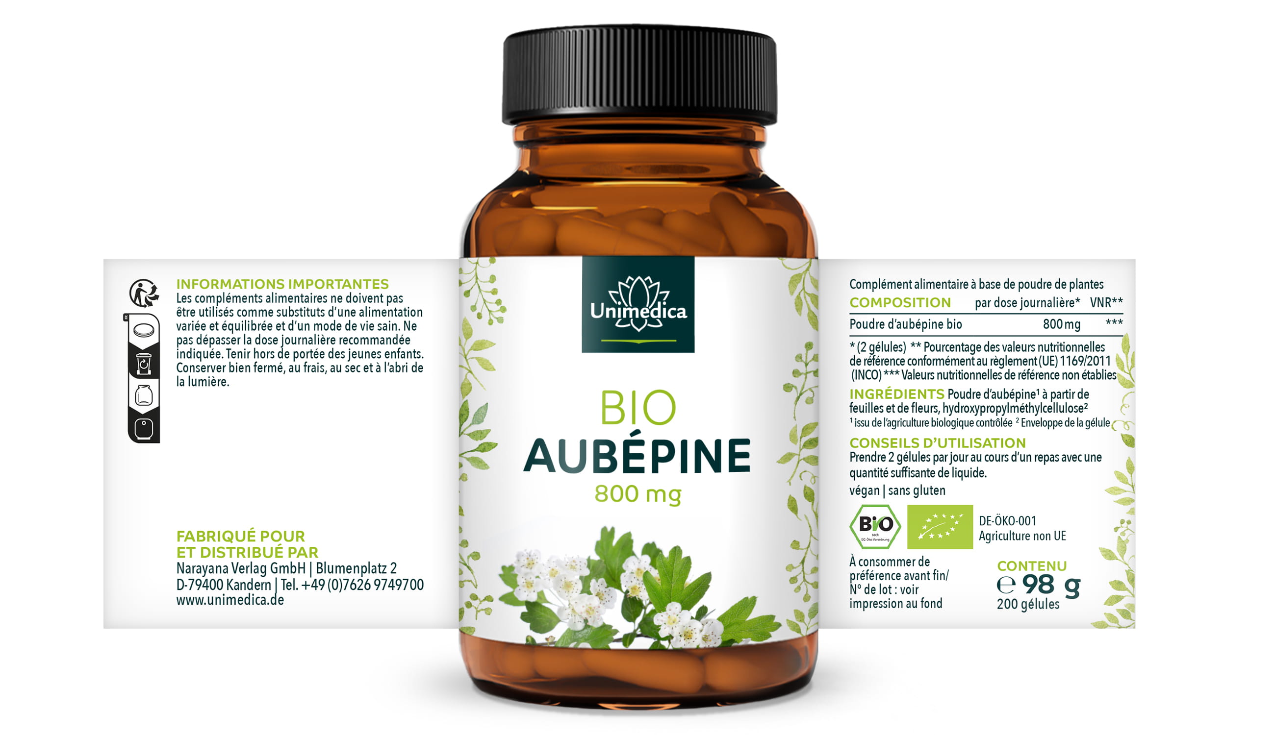 Aubépine BIO - 800 mg - 200 gélules - Unimedica