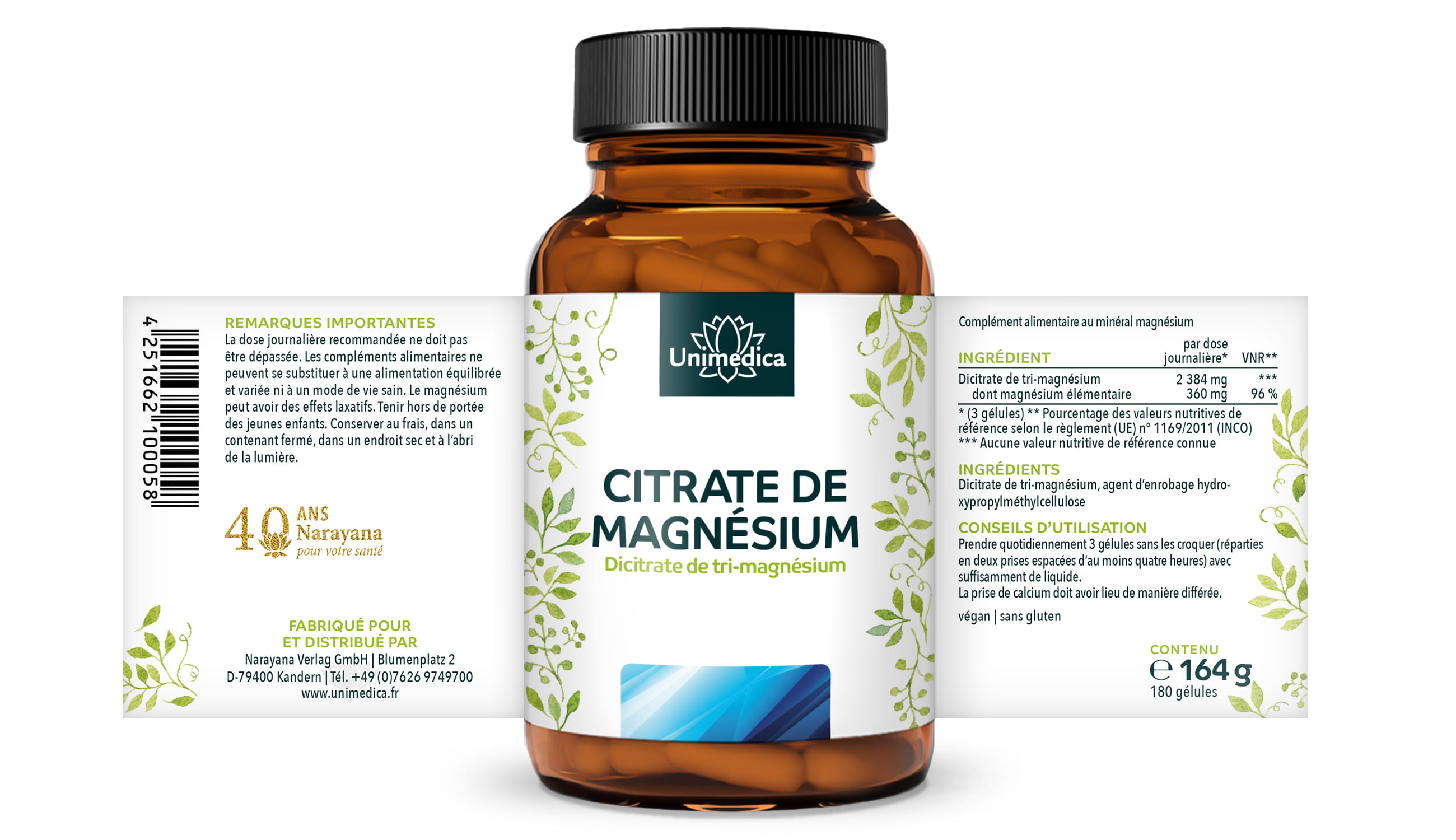 Lot de 2: Dicitrate de tri-magnésium - 360 mg de magnésium élémentaire par dose journalière - 2 x 180 gélules - par Unimedica