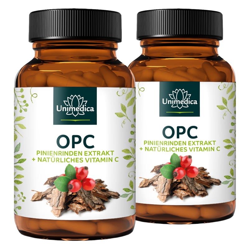 2er-Sparset: OPC Pinienrinden Extrakt + Vitamin C - 500 mg Pinienrinden-Extrakt pro Tagesdosis (1 Kapsel) - davon 475 mg OPC - 2 x 120 Kapseln - von Unimedica