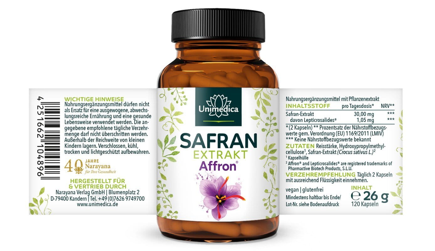 Safran Kapseln - mit 30 mg Affron® Safran-Extrakt pro Tagesdosis (2 Kapseln) - 3,5 % Lepticrosalide - 120 Kapseln - von Unimedica