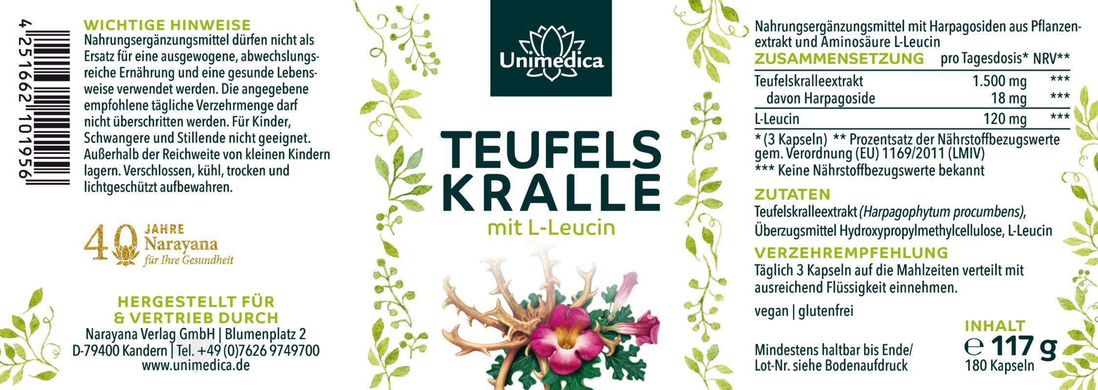 Teufelskralle - mit L-Leucin - 180 Kapseln - von Unimedica