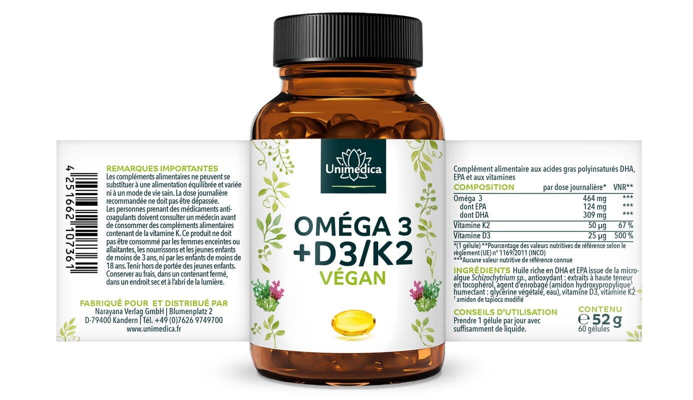 Oméga 3 + D3/K2, végan, 60 gélules
Oméga 3 + D3/K2, végan, 60 gélules