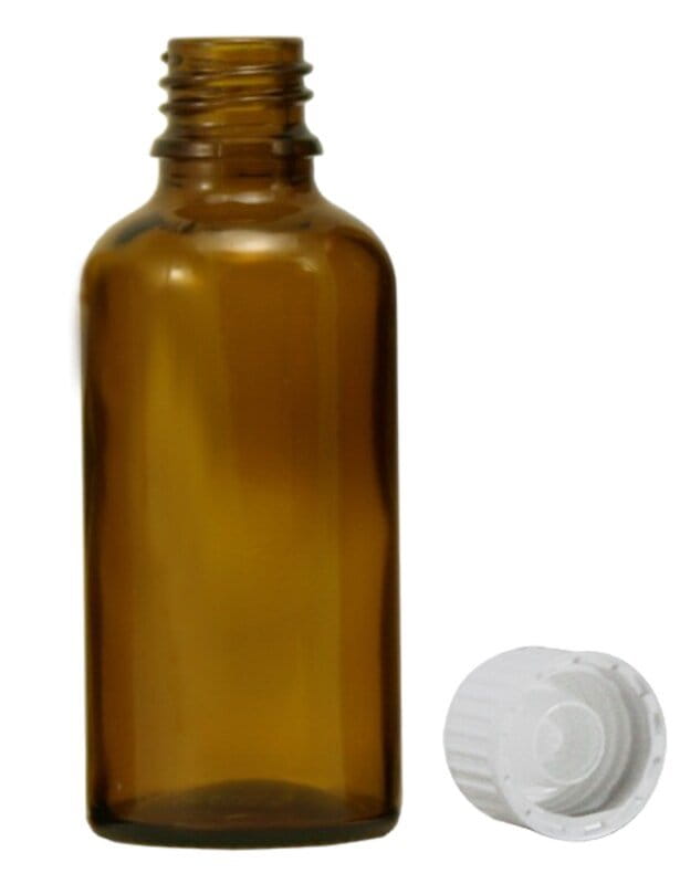 Brown glass bottles, 50 ml, with pellet dispenser and white cap