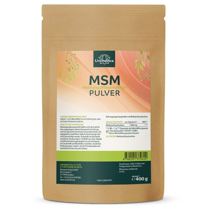 MSM Pulver 400 g  Reinheitsgrad 99 % - 1.000 mg pro Tagesdosis (½ Messlöffel) - von Unimedica