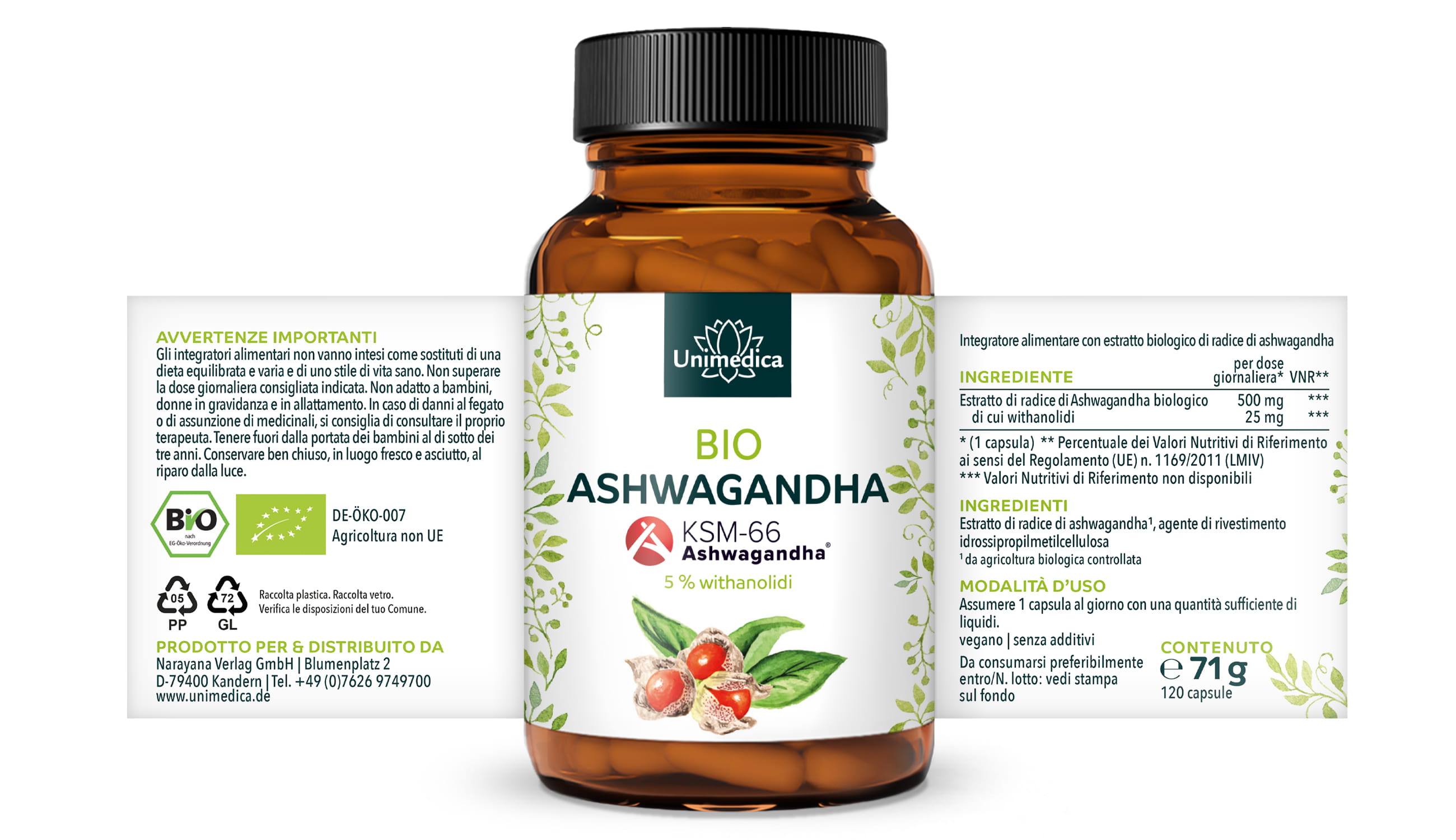 Ashwagandha KSM 66® biologica - 500 mg per dose giornaliera (1 capsula) - 5% di withanolidi - 120 capsule - di Unimedica