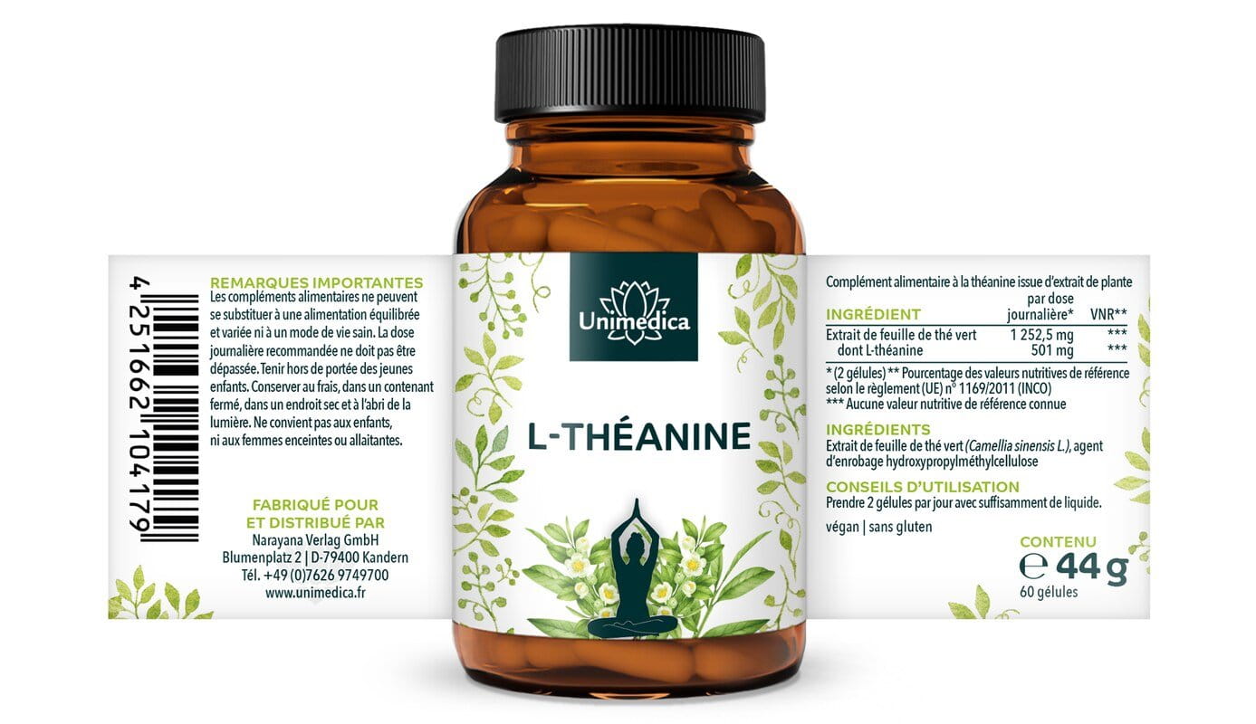 L-théanine  issue d'un extrait de feuille de thé vert - 501 mg par dose journalière - 60 gélules - par Unimedica