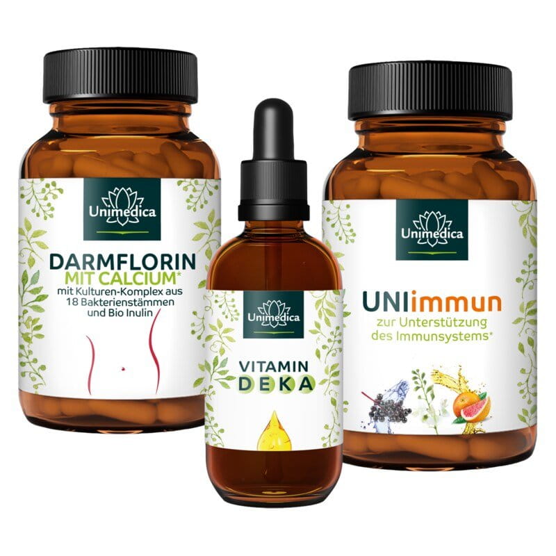Sparset: Vitamin DEKA Tropfen + UNIimmun + Darmflorin mit Calcium - 50 ml + 180 Kapseln + 180 Kapseln - von Unimedica