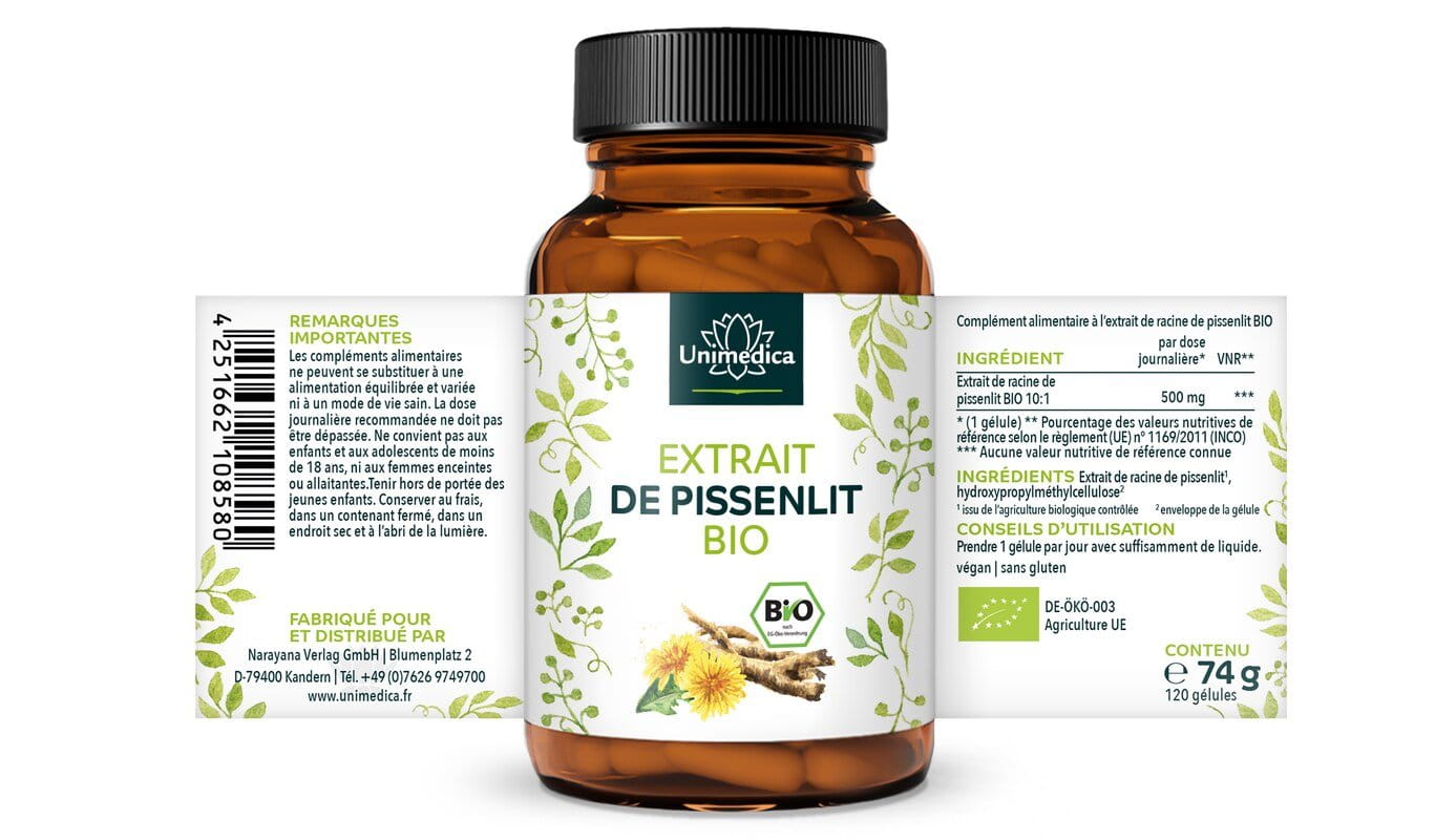 Extrait de pissenlit bio - 500 mg par dose journalière (1 gélule) - 120 gélules - par Unimedica