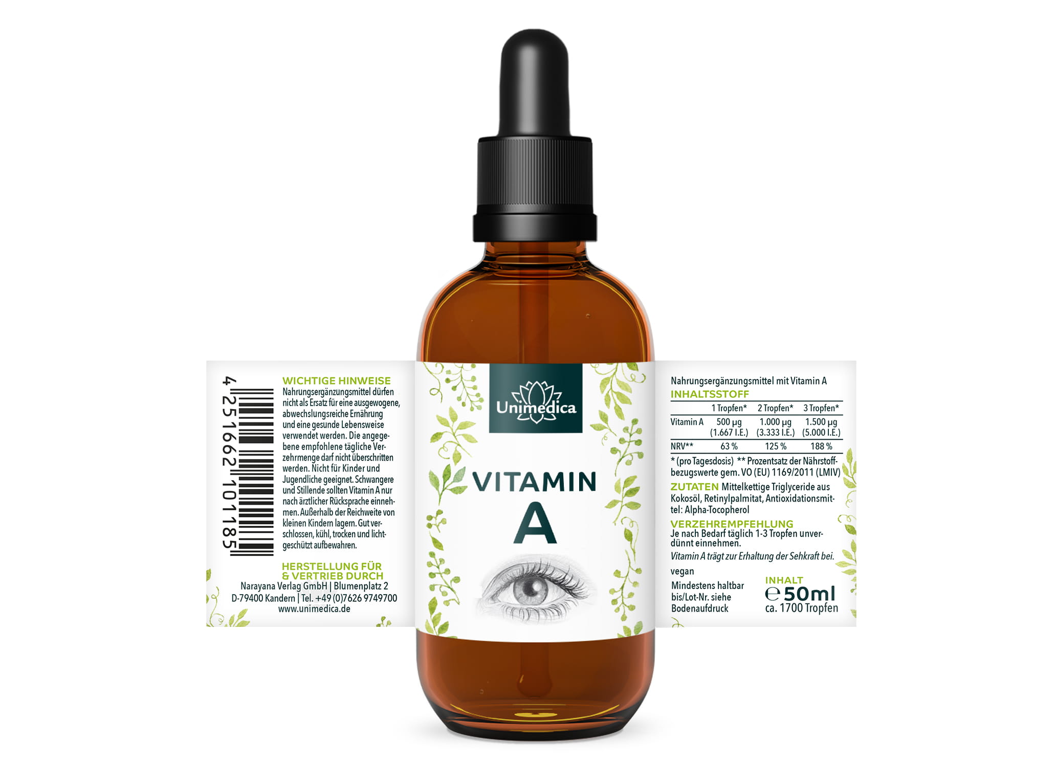 Vitamin A Tropfen - 1.500 µg / 5.000 I.E pro Tagesdosis (3 Tropfen) - hochdosiert - 50 ml - von Unimedica