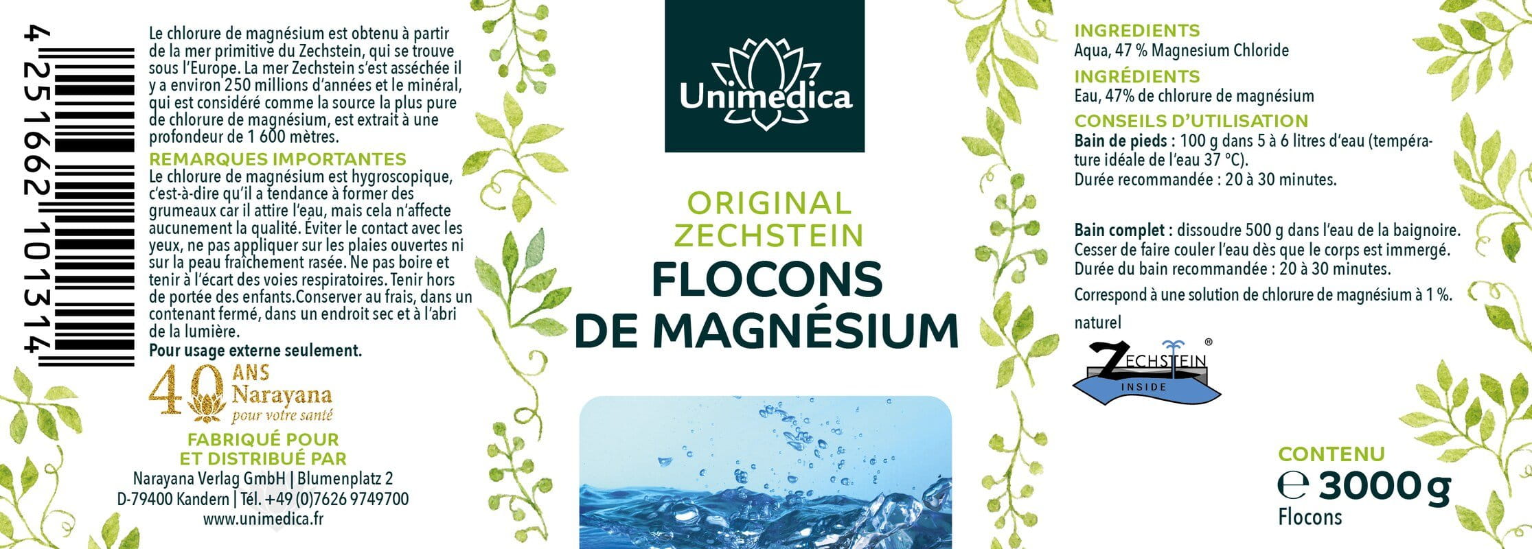 Flocons de magnésium Original Zechstein - 100 % naturel - 3000 g - par Unimedica