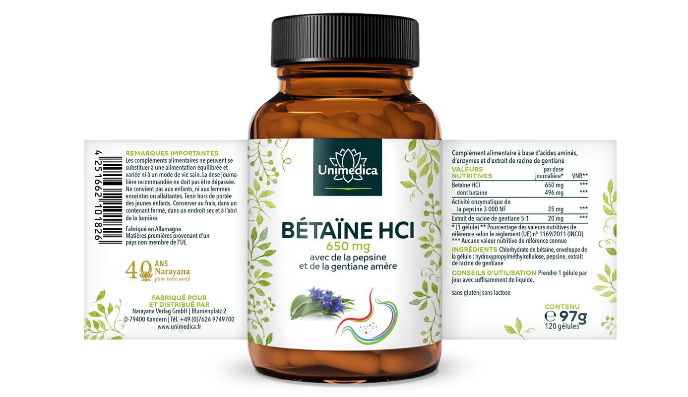 Betaïne HCL - 650 mg - avec pepsine et gentiane amère - 120 gélules - Unimedica