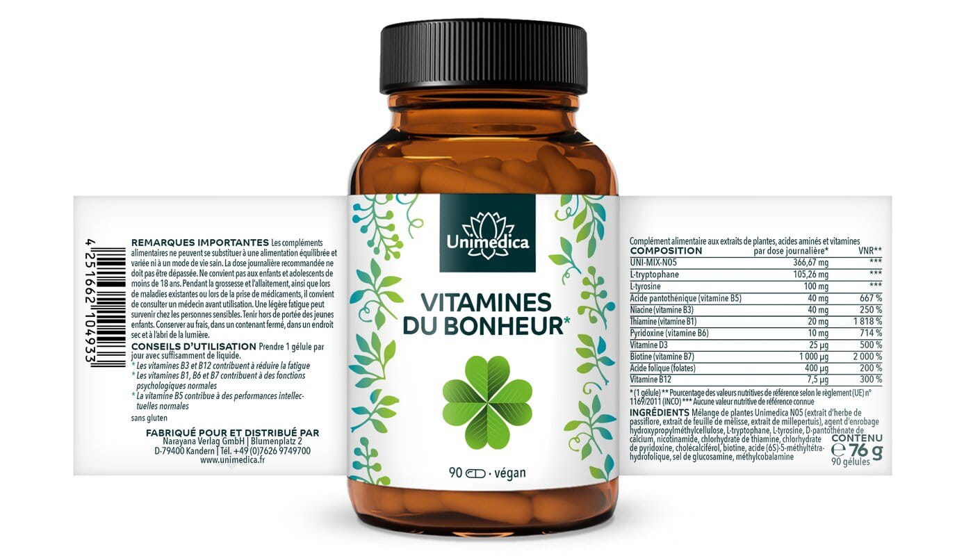 Lot de 2: Vitamines du bonheur* - avec du millepertuis, de la passiflore, du tryptophane et de la tyrosine - 2 x 90 gélules - par Unimedica