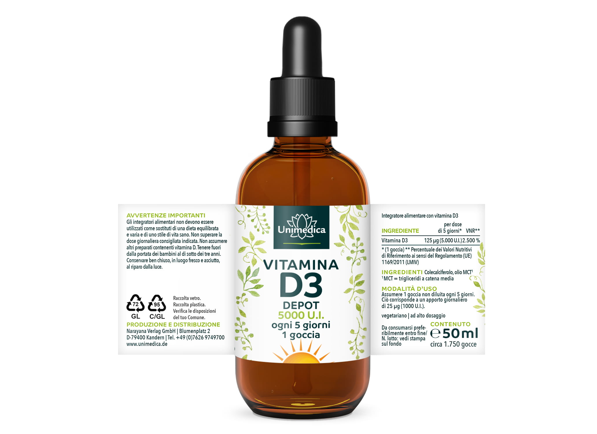 Vitamina D3 gocce - 5.000 UI - a rilascio prolungato - 125 µg per dose di 5 giorni (1 goccia) - ad alto dosaggio - 50 ml - di Unimedica