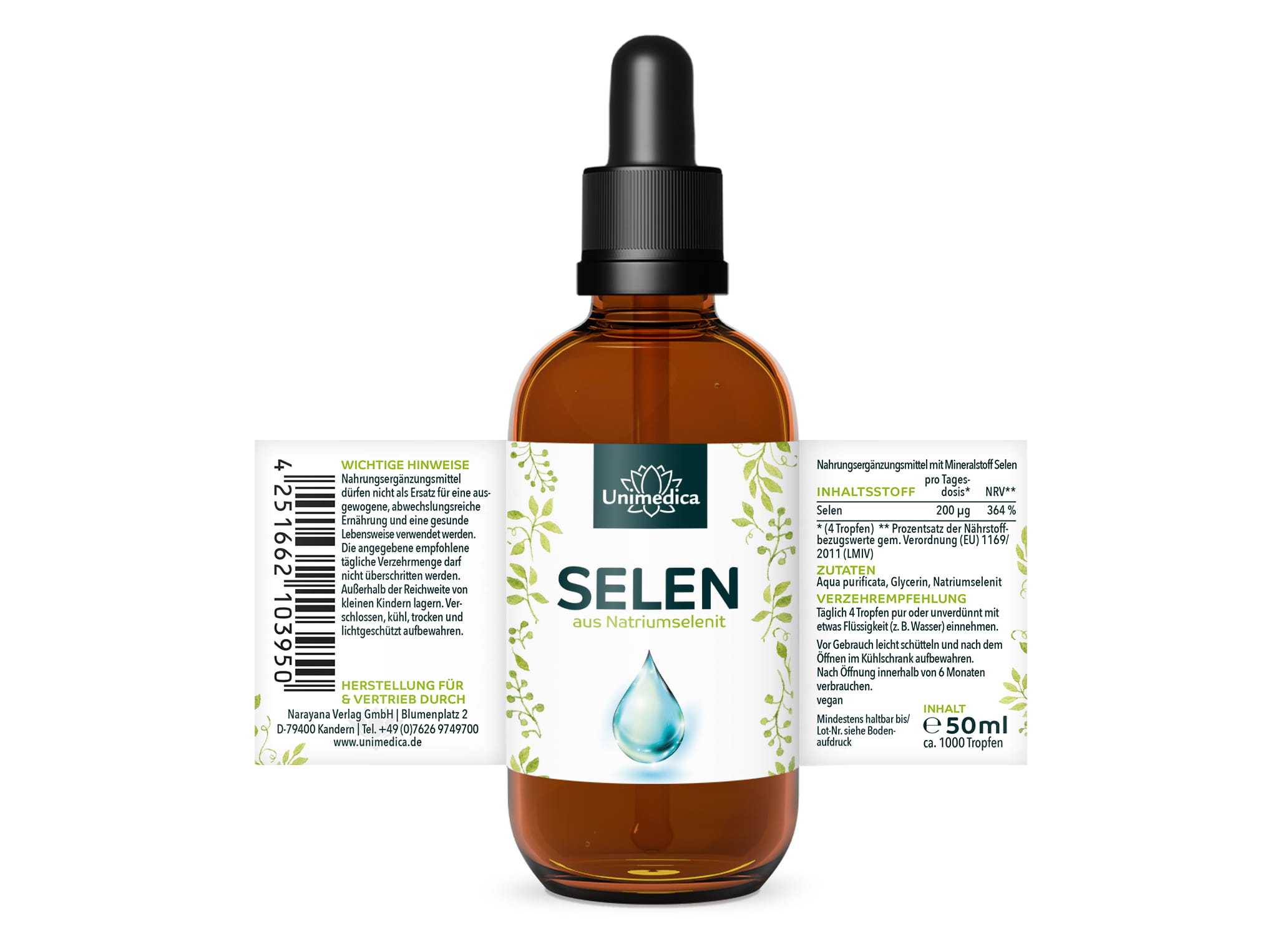 Selen Tropfen - 200 µg pro Tagesdosis hochdosiert (4 Tropfen) - aus Natriumselenit - 50 ml - von Unimedica