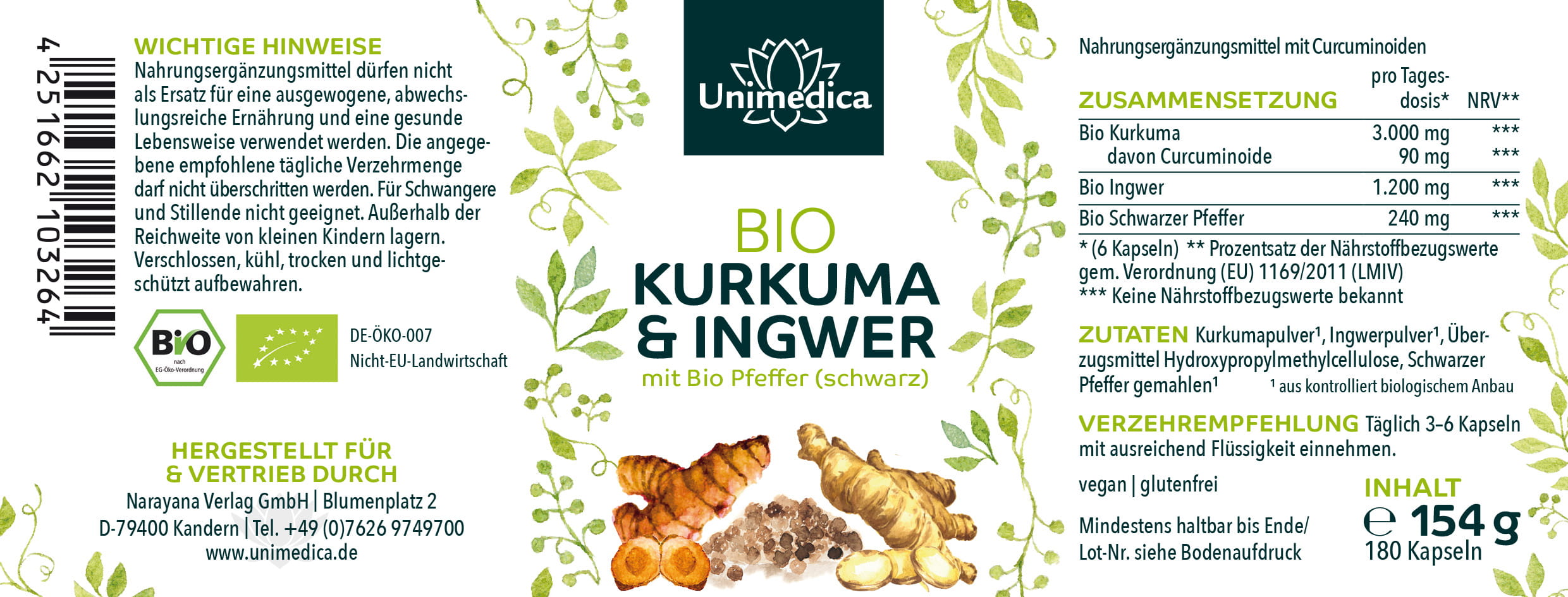 2er-Sparset: Bio Kurkuma & Ingwer mit Bio Pfeffer (schwarz) - 2 x 180 Kapseln - von Unimedica