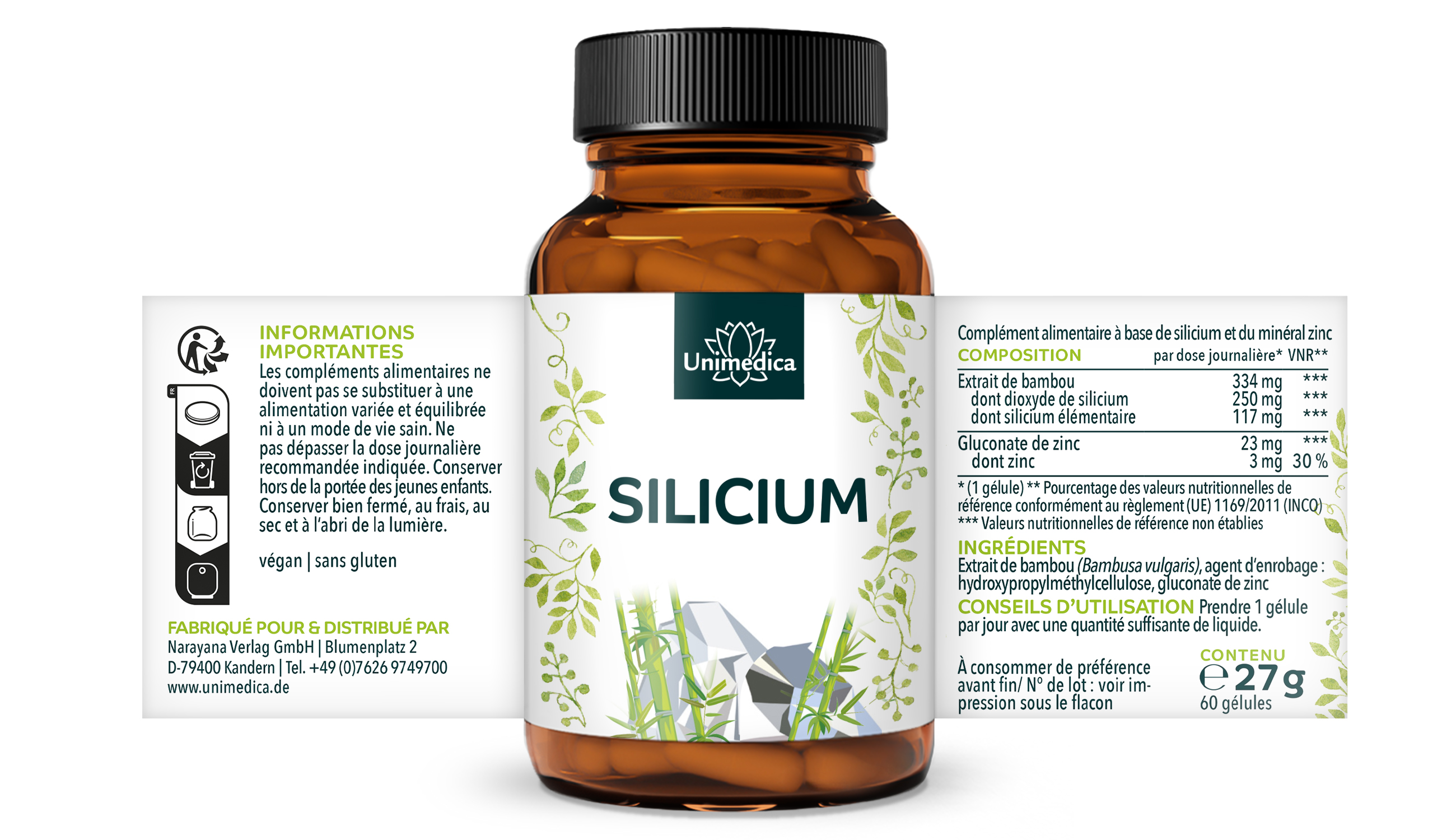Silicium issu d'extrait de bambou avec zinc - 60 gélules - par Unimedica