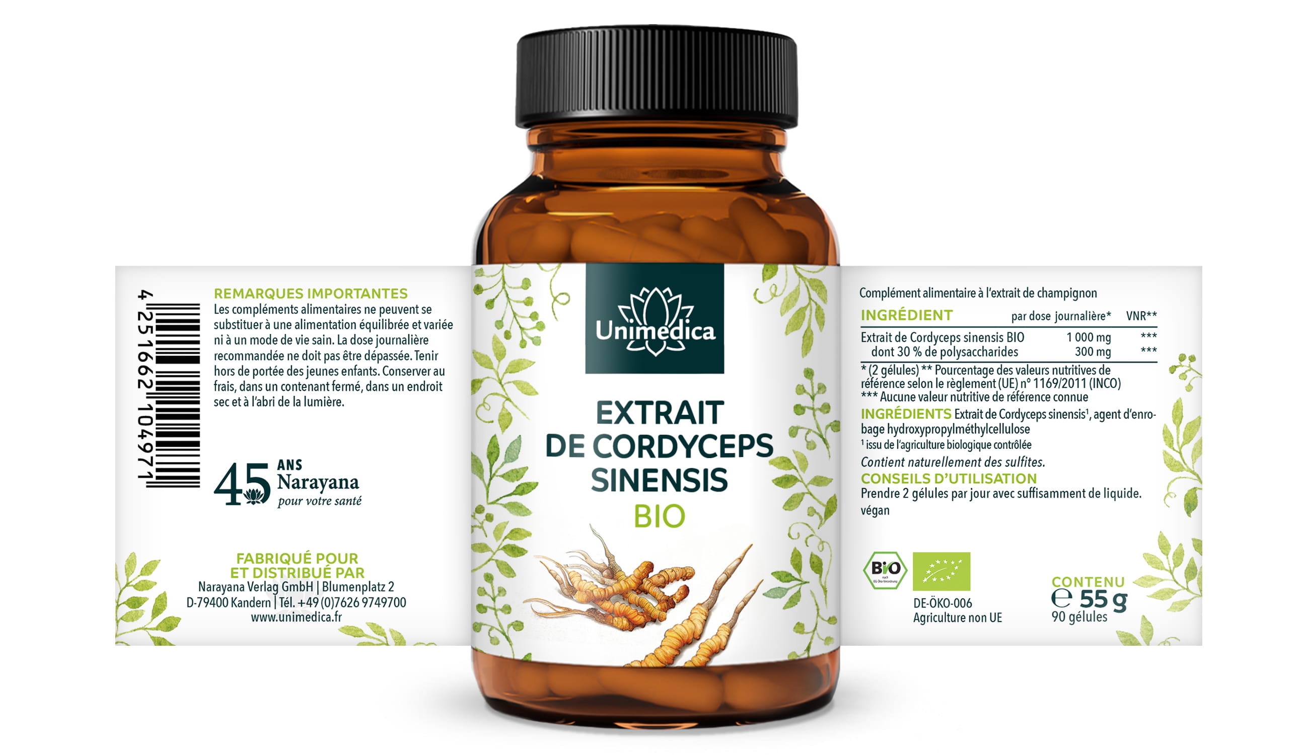 Cordyceps sinensis bio  1 000 mg par dose journalière (2 gélules)  extrait avec 30 % de polysaccharides  hautement dosé - 90 gélules - par Unimedica
